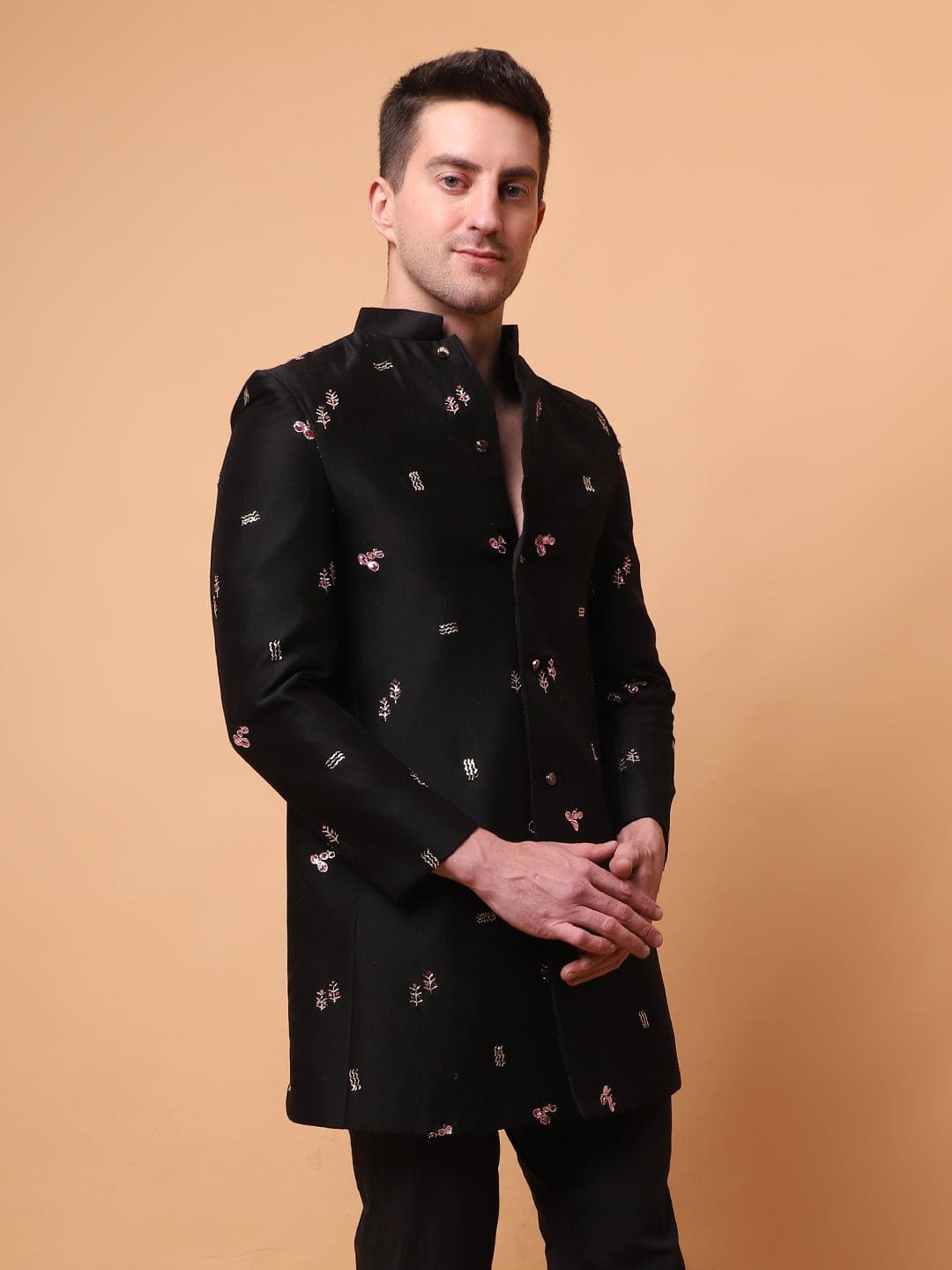 Mukaish Work Men Jacket with Pant - Black - Charkha TalesMukaish Work Men Jacket with Pant - Black