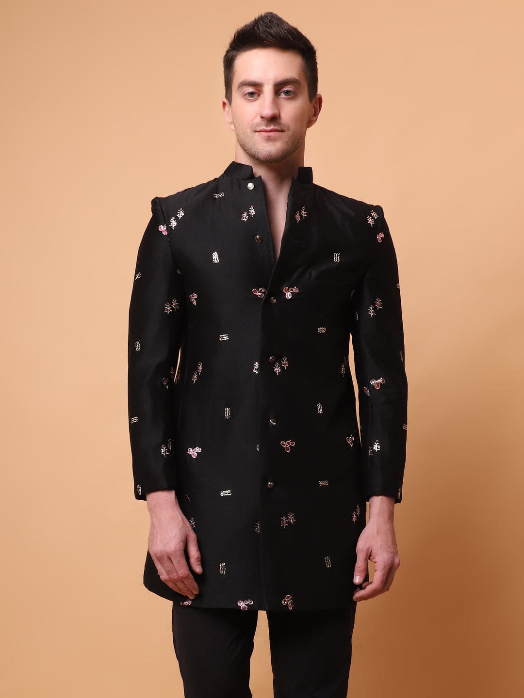 Mukaish Work Men Jacket with Pant - Black - Charkha TalesMukaish Work Men Jacket with Pant - Black