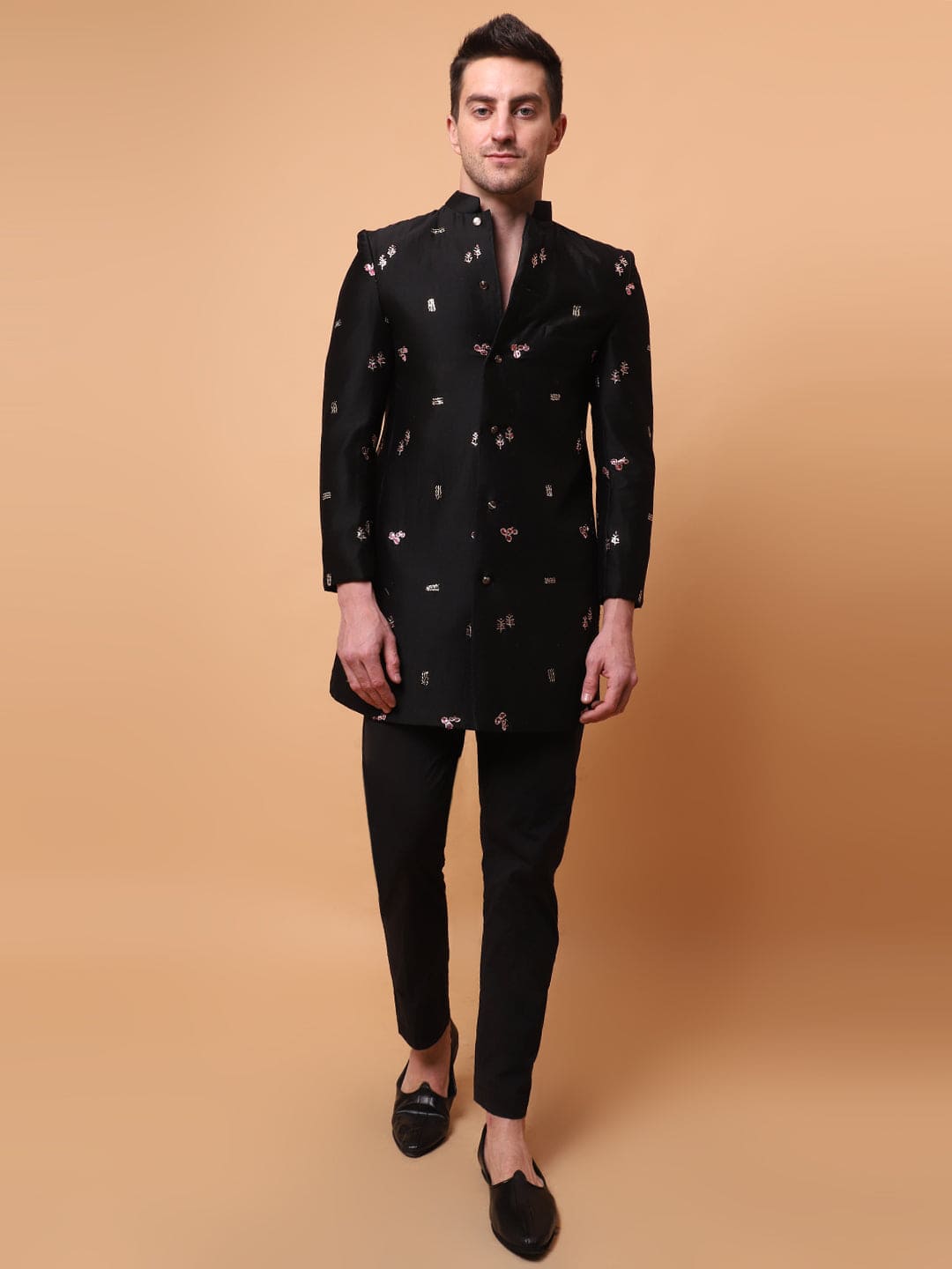 Mukaish Work Men Jacket with Pant - Black - Charkha TalesMukaish Work Men Jacket with Pant - Black