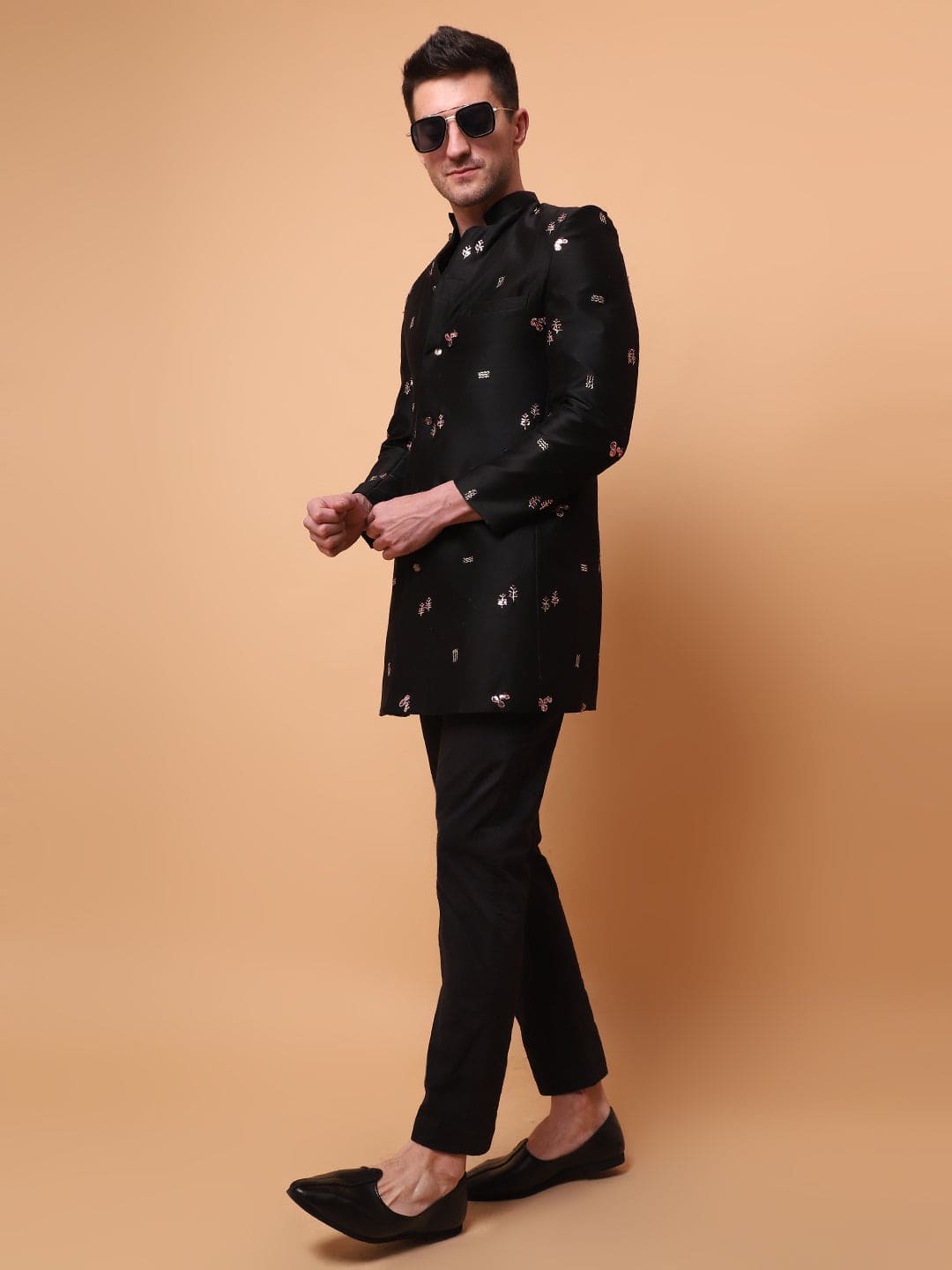 Mukaish Work Men Jacket with Pant - Black - Charkha TalesMukaish Work Men Jacket with Pant - Black