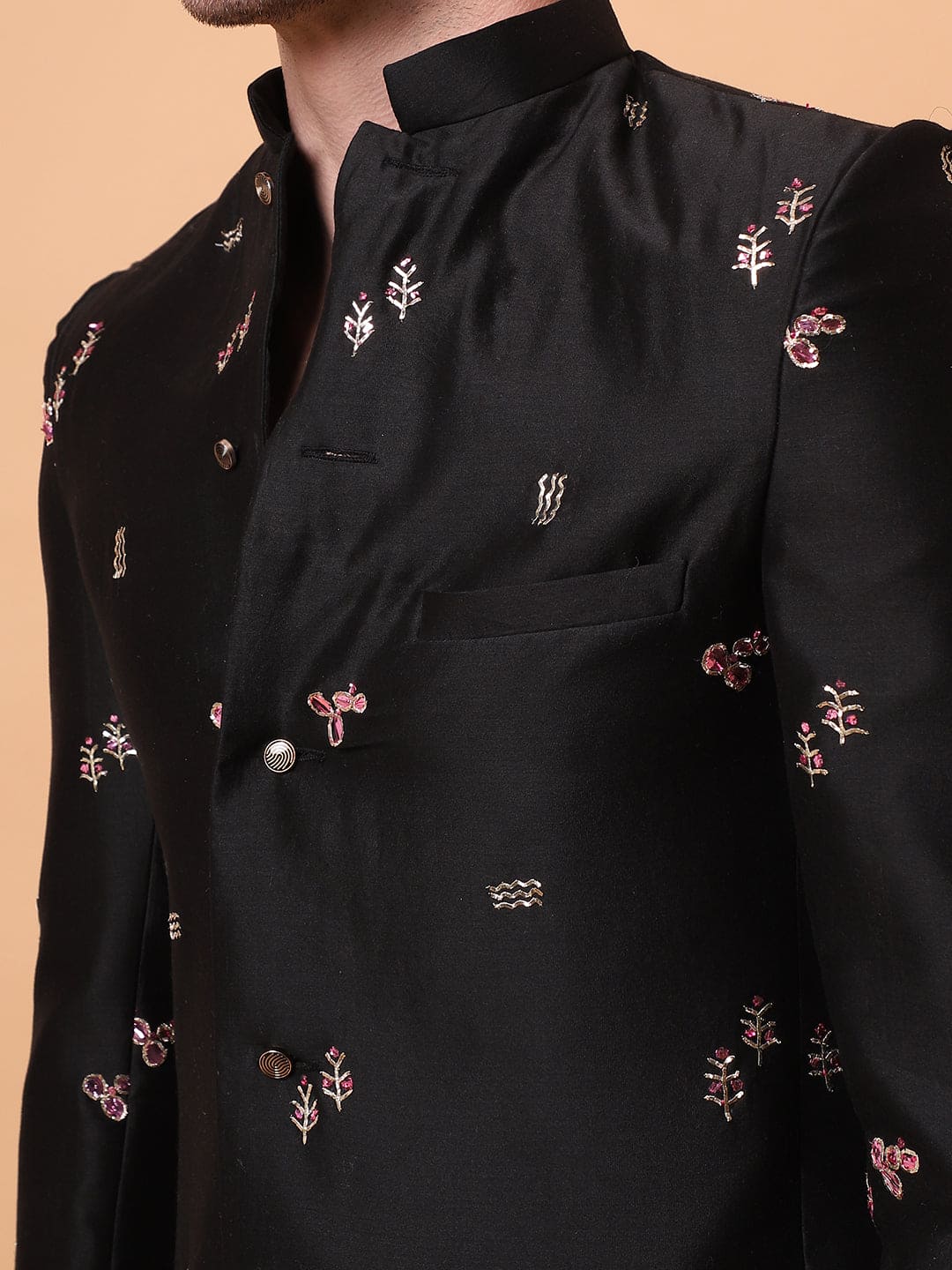 Mukaish Work Men Jacket with Pant - Black - Charkha TalesMukaish Work Men Jacket with Pant - Black