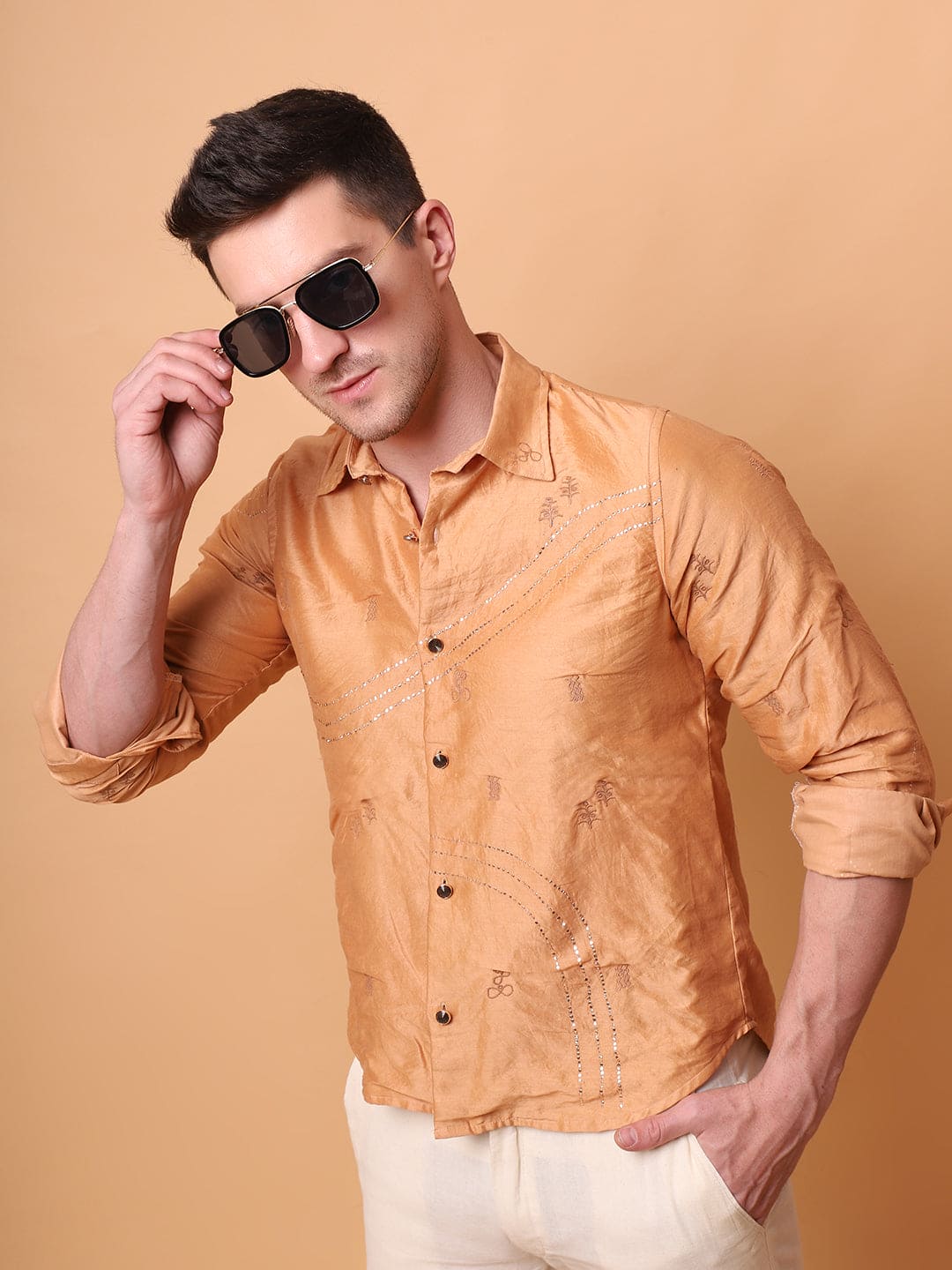 Mukaish Work Men Shirt - Beige - Charkha TalesMukaish Work Men Shirt - Beige