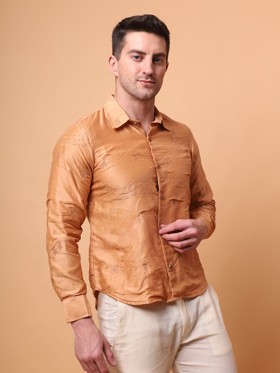 Mukaish Work Men Shirt - Beige - Charkha TalesMukaish Work Men Shirt - Beige