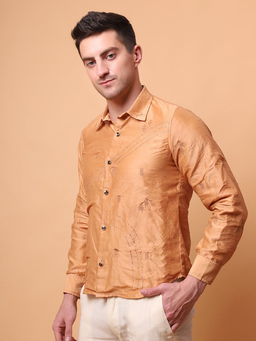 Mukaish Work Men Shirt - Beige - Charkha TalesMukaish Work Men Shirt - Beige