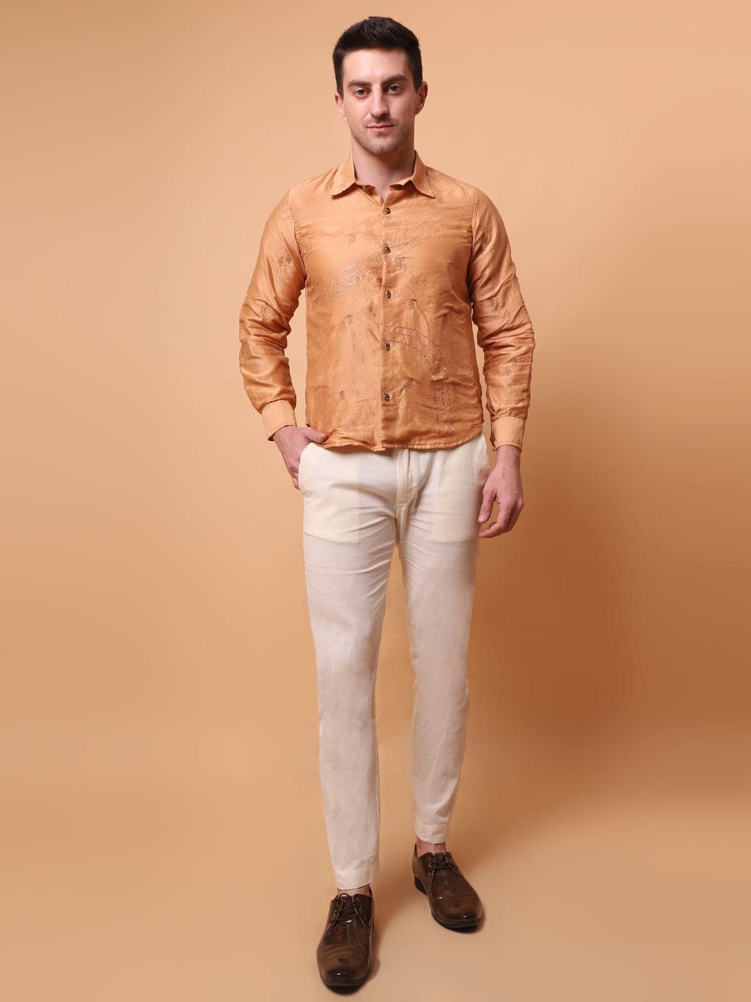 Mukaish Work Men Shirt - Beige - Charkha TalesMukaish Work Men Shirt - Beige