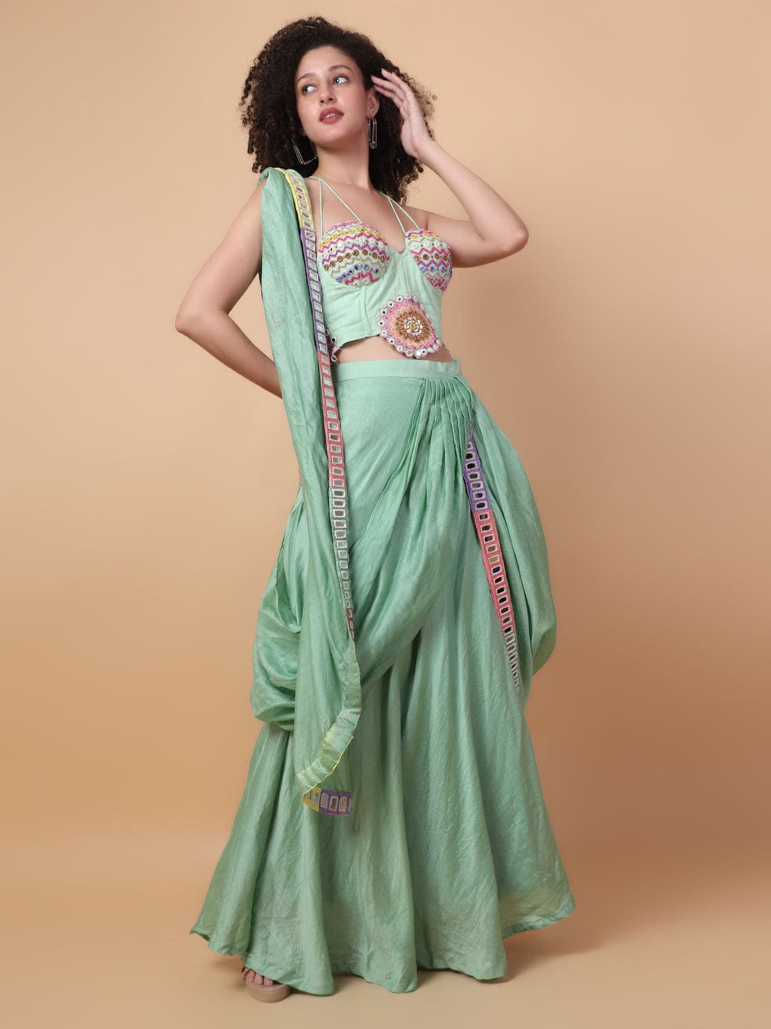 Multi color Mirror Pre - Drape Saree - Green - Charkha TalesMulti color Mirror Pre - Drape Saree - Green