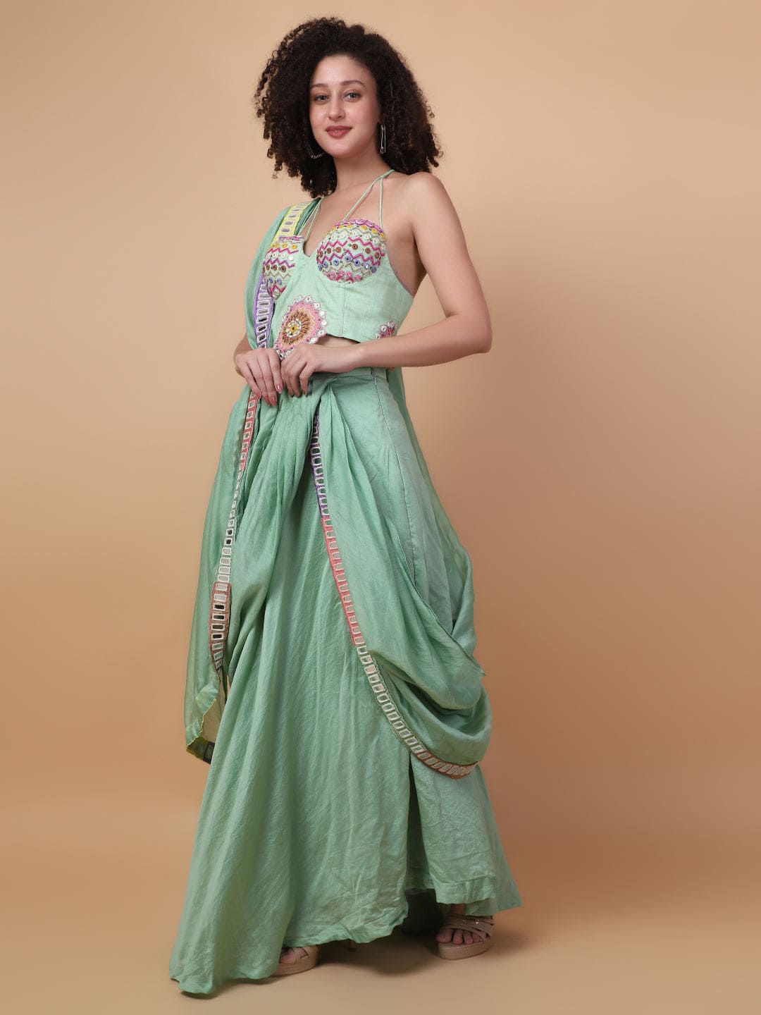 Multi color Mirror Pre - Drape Saree - Green - Charkha TalesMulti color Mirror Pre - Drape Saree - Green