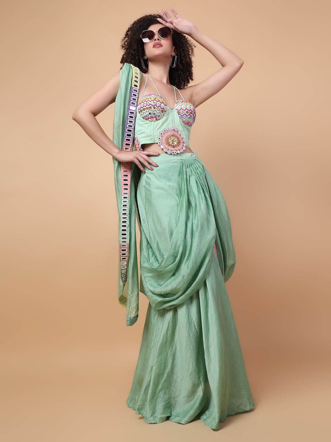 Multi color Mirror Pre - Drape Saree - Green - Charkha TalesMulti color Mirror Pre - Drape Saree - Green