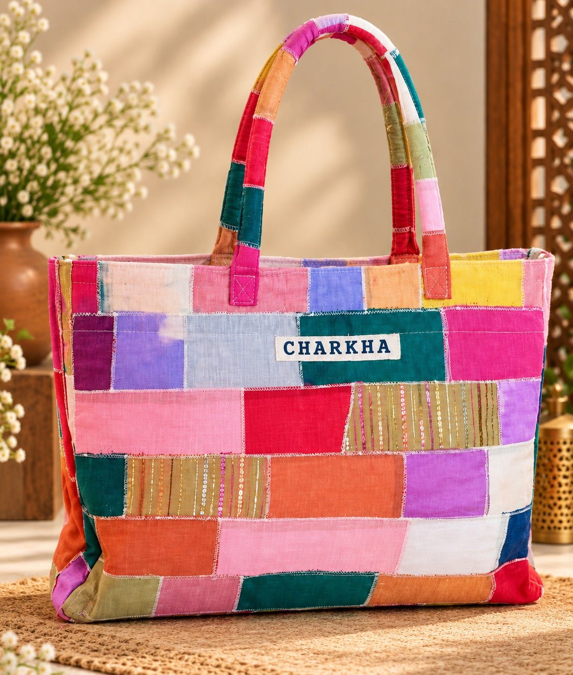 Multicolor Patch Work Tote Bag - Charkha TalesMulticolor Patch Work Tote Bag