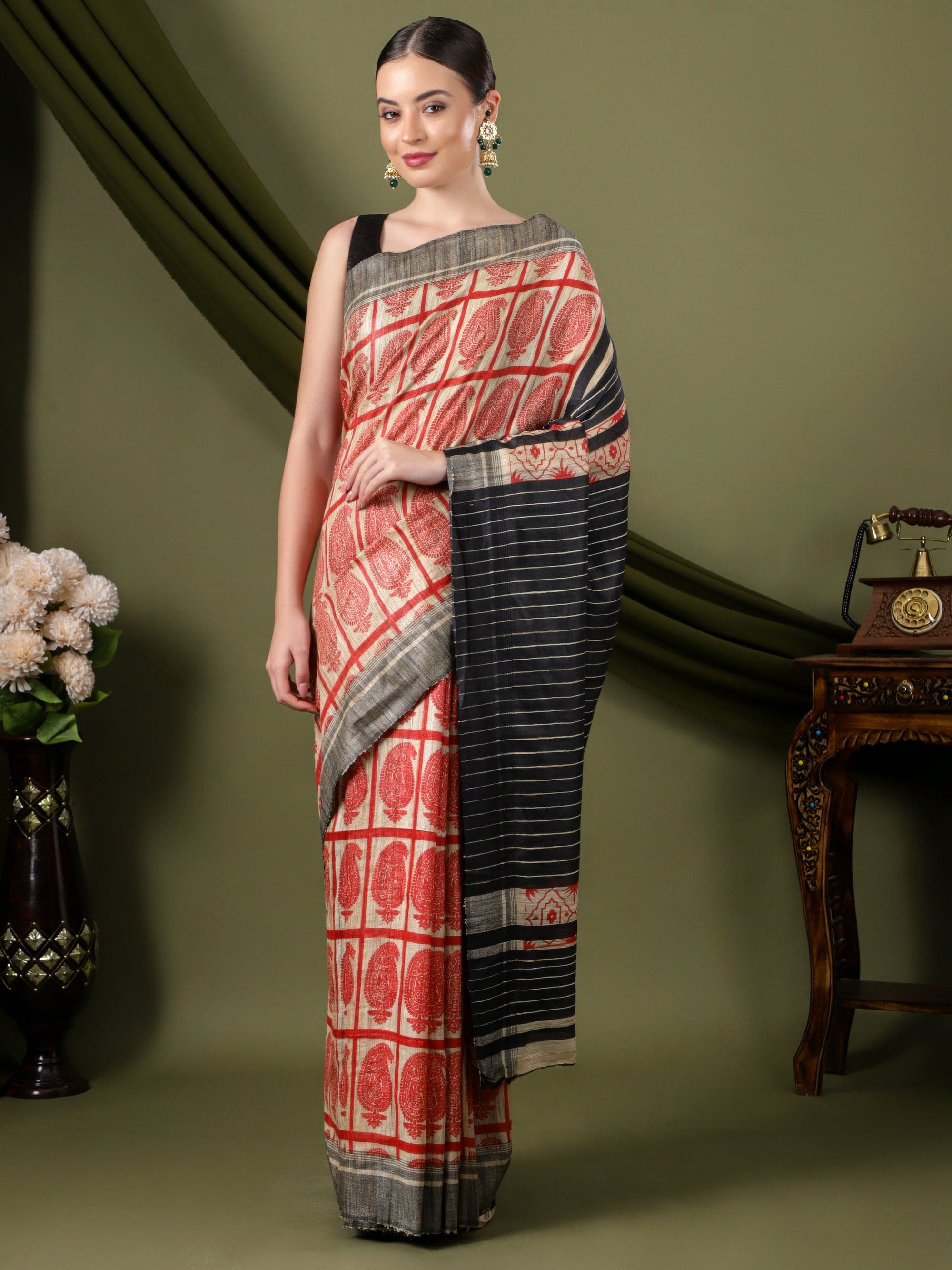 Multicolor Silk Saree - Red & Black - Charkha TalesMulticolor Silk Saree - Red & Black