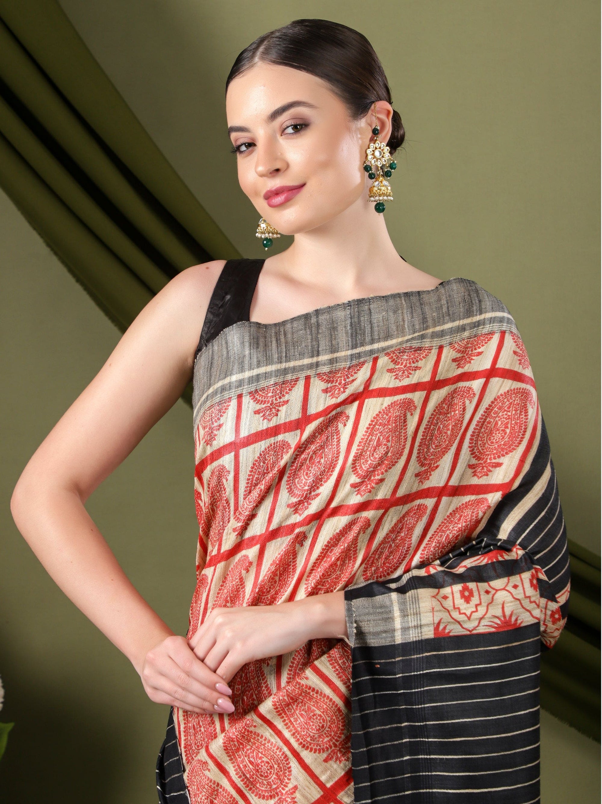 Multicolor Silk Saree - Red & Black - Charkha TalesMulticolor Silk Saree - Red & Black