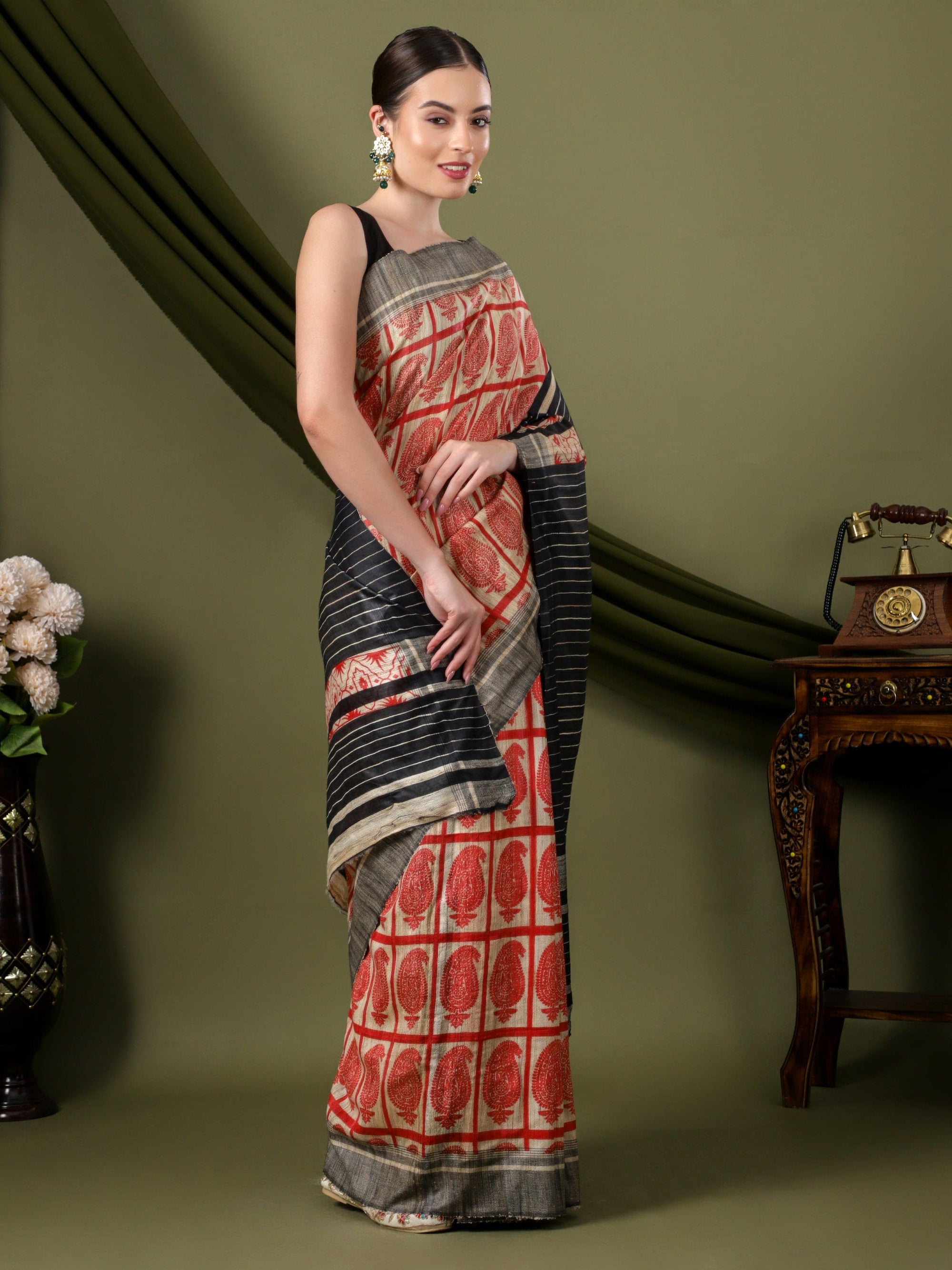 Multicolor Silk Saree - Red & Black - Charkha TalesMulticolor Silk Saree - Red & Black