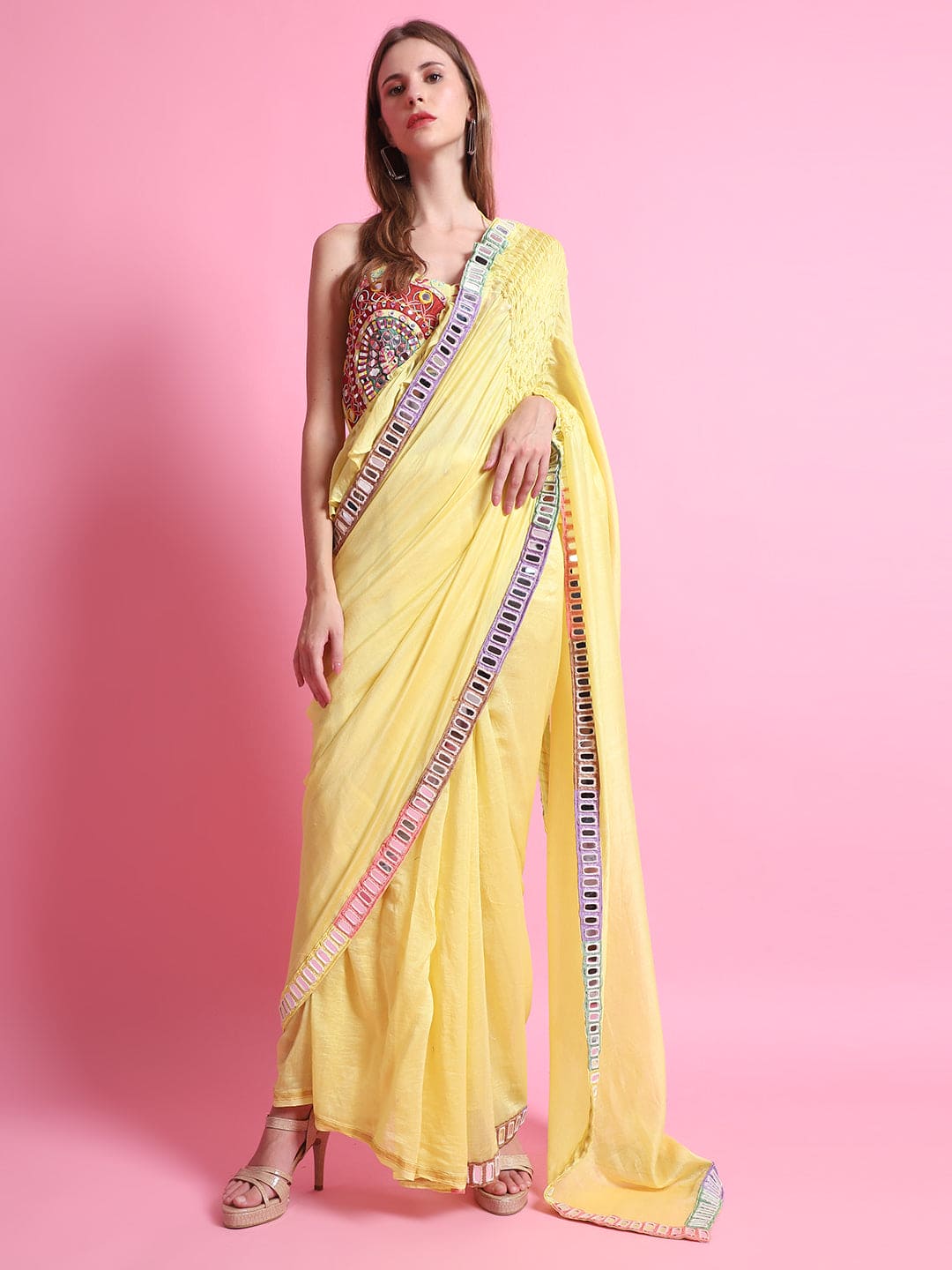 MultiColour Mirror Work Saree with Blouse - Yellow - Charkha TalesMultiColour Mirror Work Saree with Blouse - Yellow