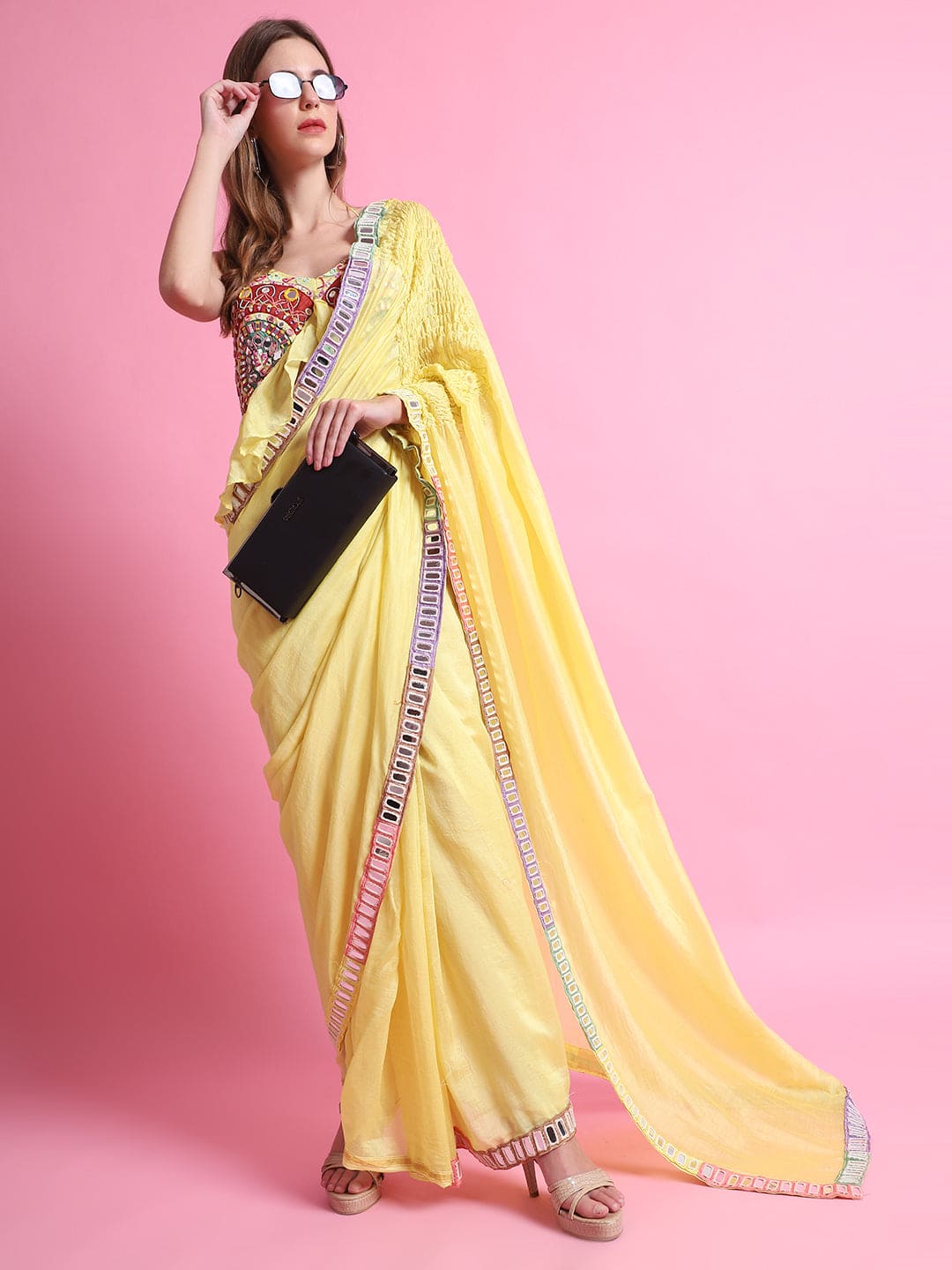 MultiColour Mirror Work Saree with Blouse - Yellow - Charkha TalesMultiColour Mirror Work Saree with Blouse - Yellow