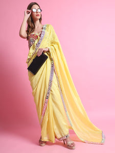 MultiColour Mirror Work Saree with Blouse - Yellow