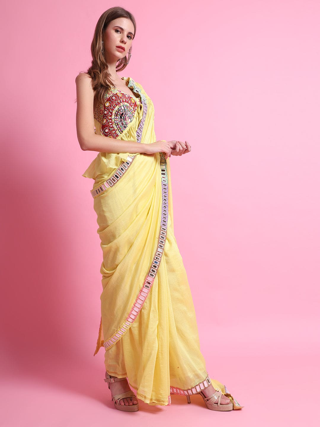 MultiColour Mirror Work Saree with Blouse - Yellow - Charkha TalesMultiColour Mirror Work Saree with Blouse - Yellow