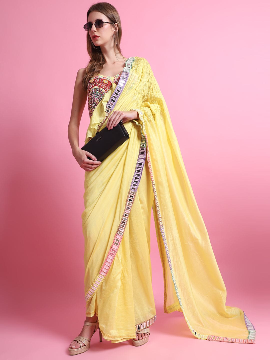 MultiColour Mirror Work Saree with Blouse - Yellow - Charkha TalesMultiColour Mirror Work Saree with Blouse - Yellow