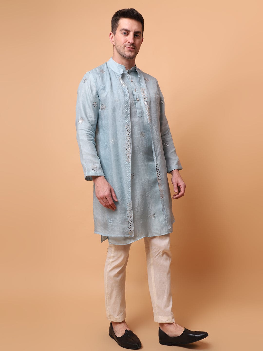 Muqaish Work Men Kurta Set - Sky Blue - Charkha TalesMuqaish Work Men Kurta Set - Sky Blue
