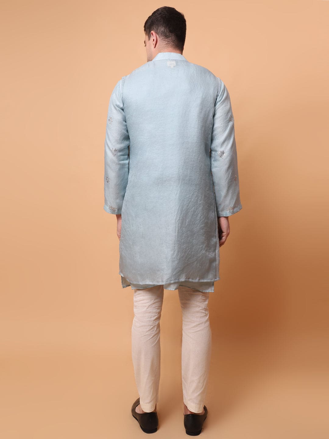 Muqaish Work Men Kurta Set - Sky Blue - Charkha TalesMuqaish Work Men Kurta Set - Sky Blue