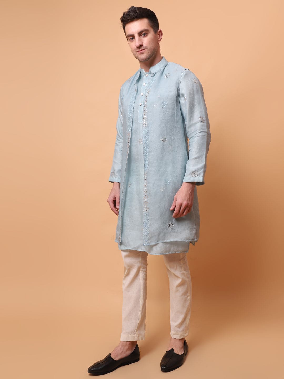 Muqaish Work Men Kurta Set - Sky Blue - Charkha TalesMuqaish Work Men Kurta Set - Sky Blue