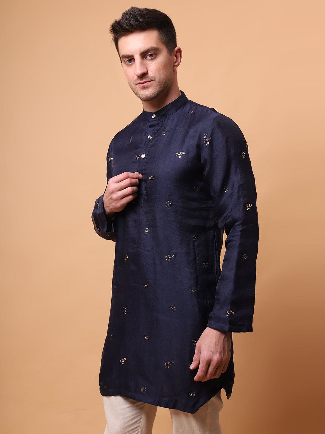 Muqaish Work Men Short Kurta - Blue - Charkha TalesMuqaish Work Men Short Kurta - Blue