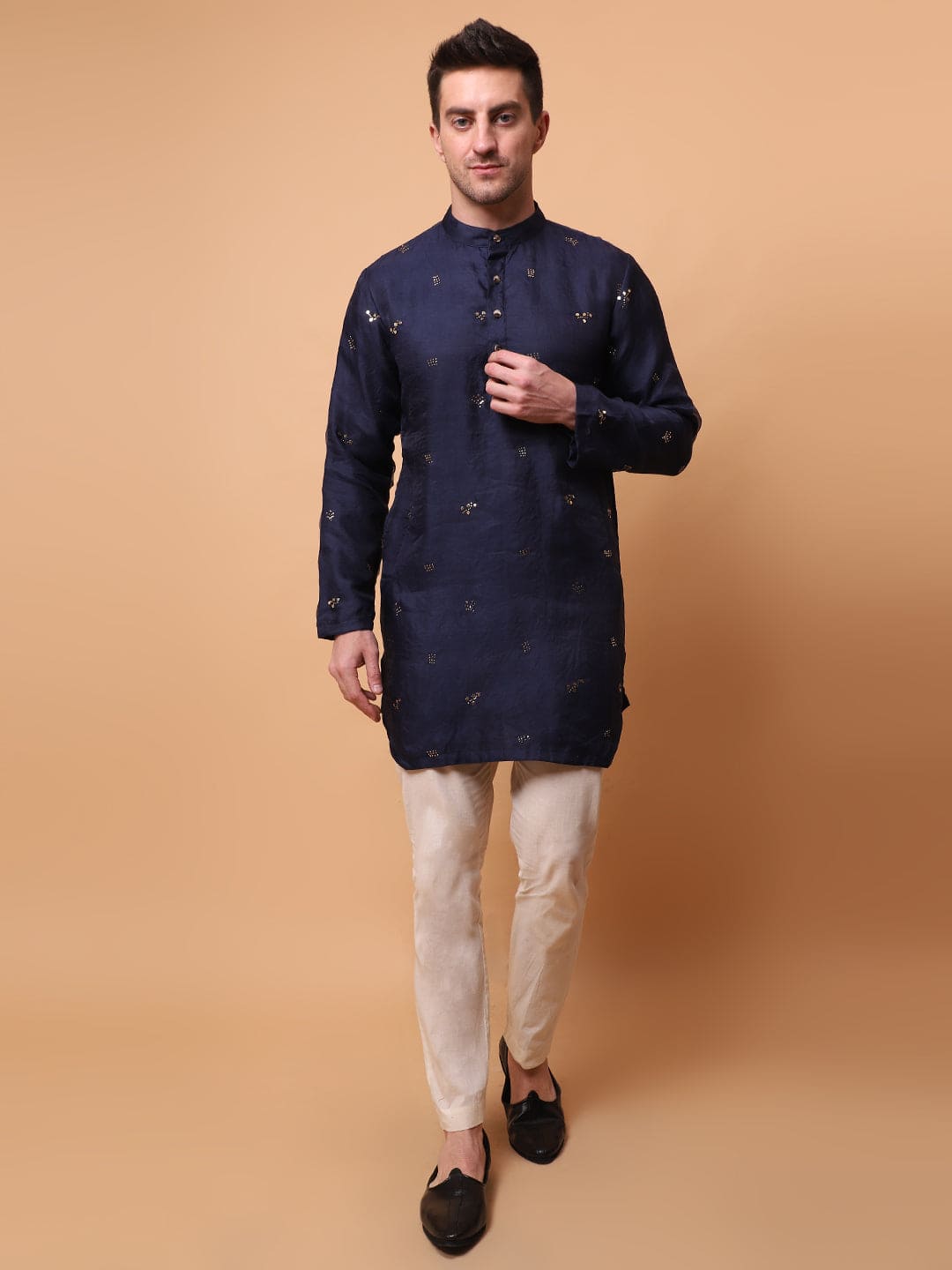 Muqaish Work Men Short Kurta - Blue - Charkha TalesMuqaish Work Men Short Kurta - Blue