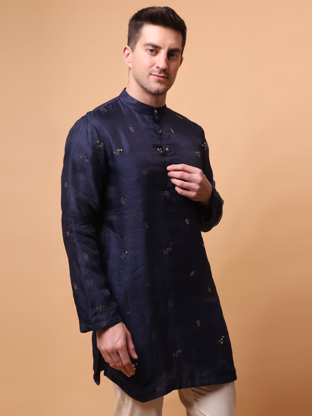 Muqaish Work Men Short Kurta - Blue - Charkha TalesMuqaish Work Men Short Kurta - Blue
