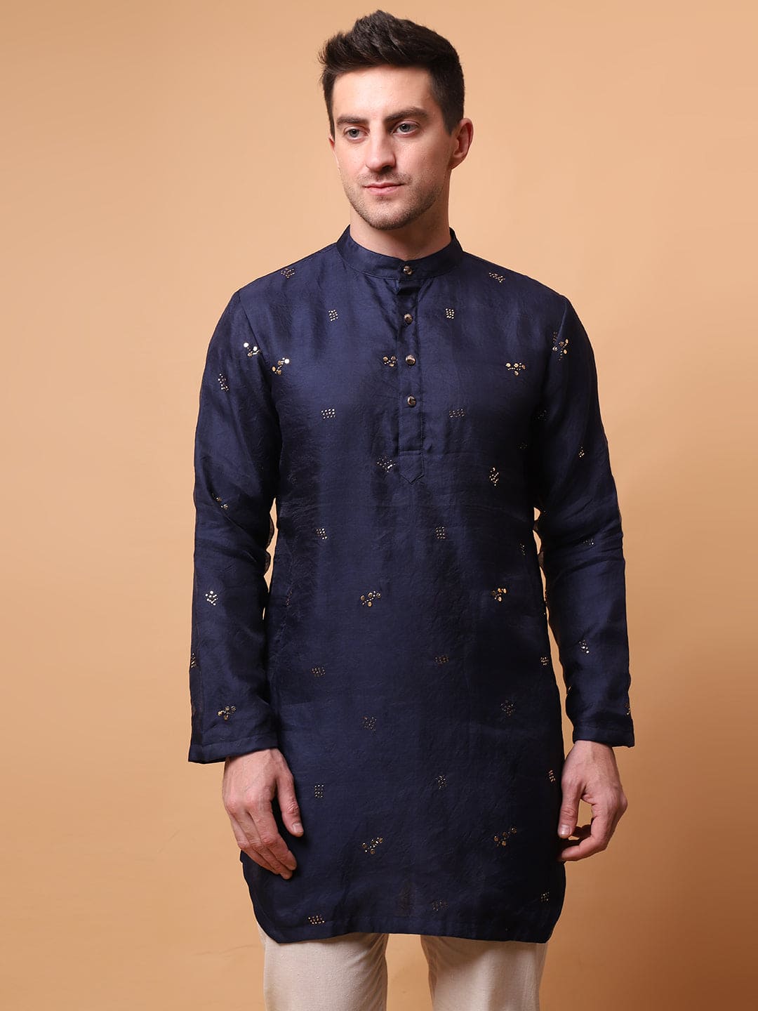 Muqaish Work Men Short Kurta - Blue - Charkha TalesMuqaish Work Men Short Kurta - Blue