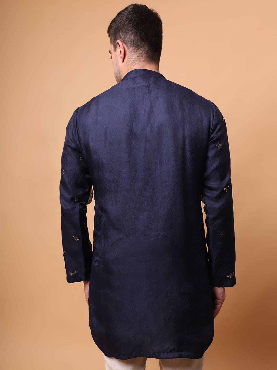 Muqaish Work Men Short Kurta - Blue - Charkha TalesMuqaish Work Men Short Kurta - Blue