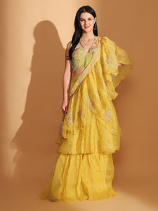 Off-Shoulder Corset Top & Cowl Drape Skirt - Yellow