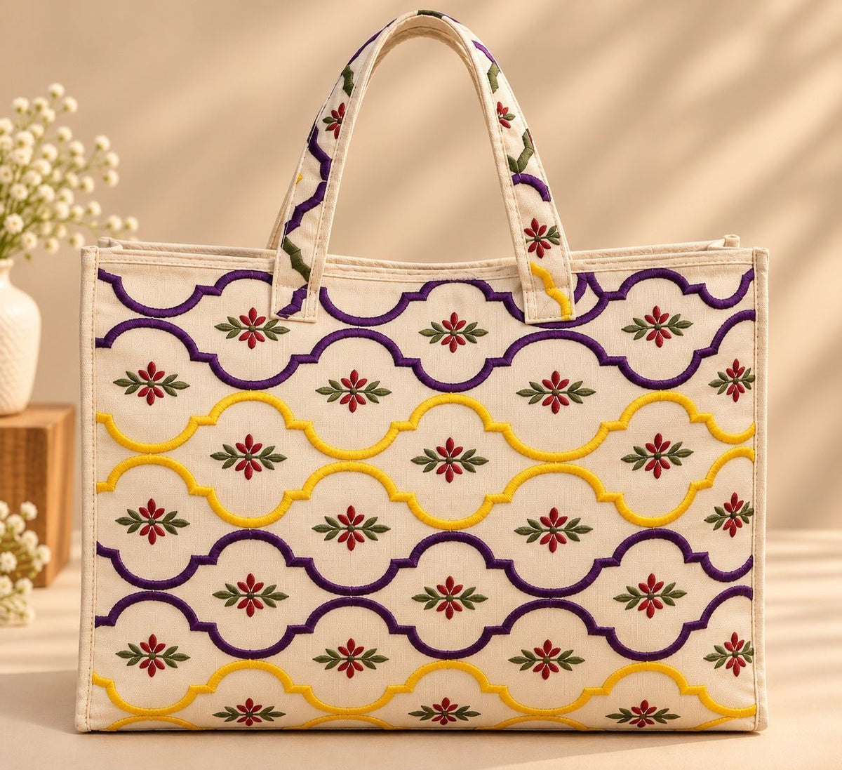 Off-White Embroidered Tote Bag - Charkha TalesOff-White Embroidered Tote Bag