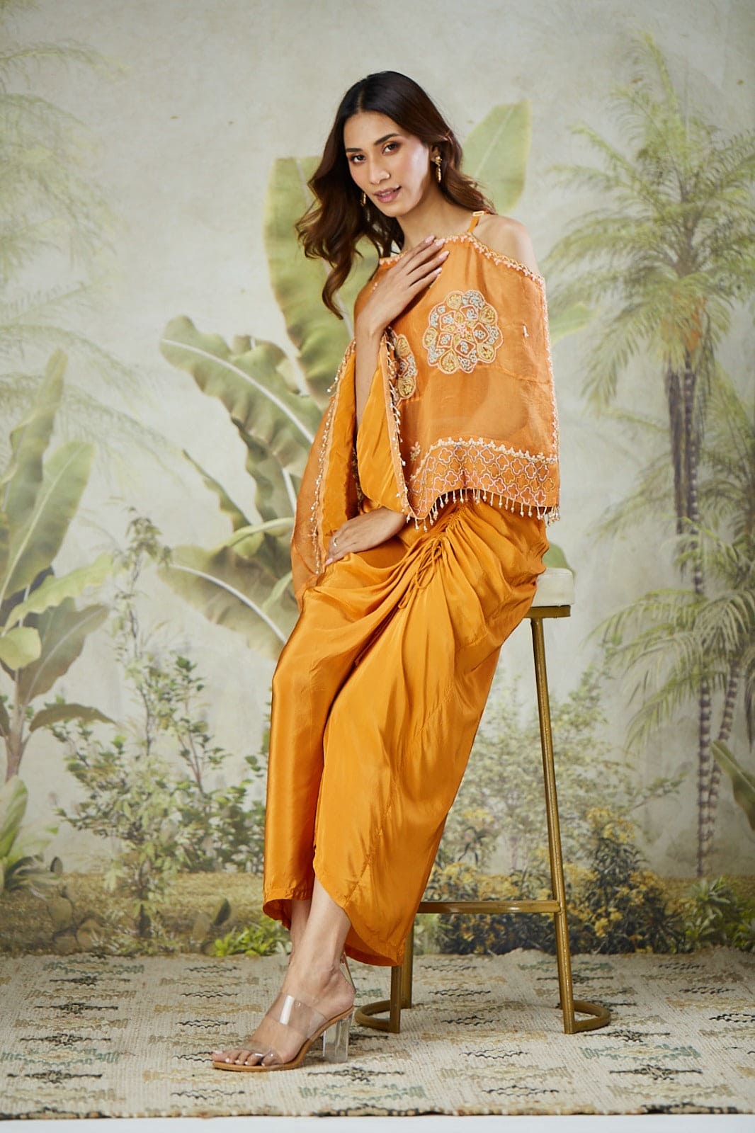 Organza Silk Cape with Drape Skirt - Orange - Charkha TalesOrganza Silk Cape with Drape Skirt - Orange