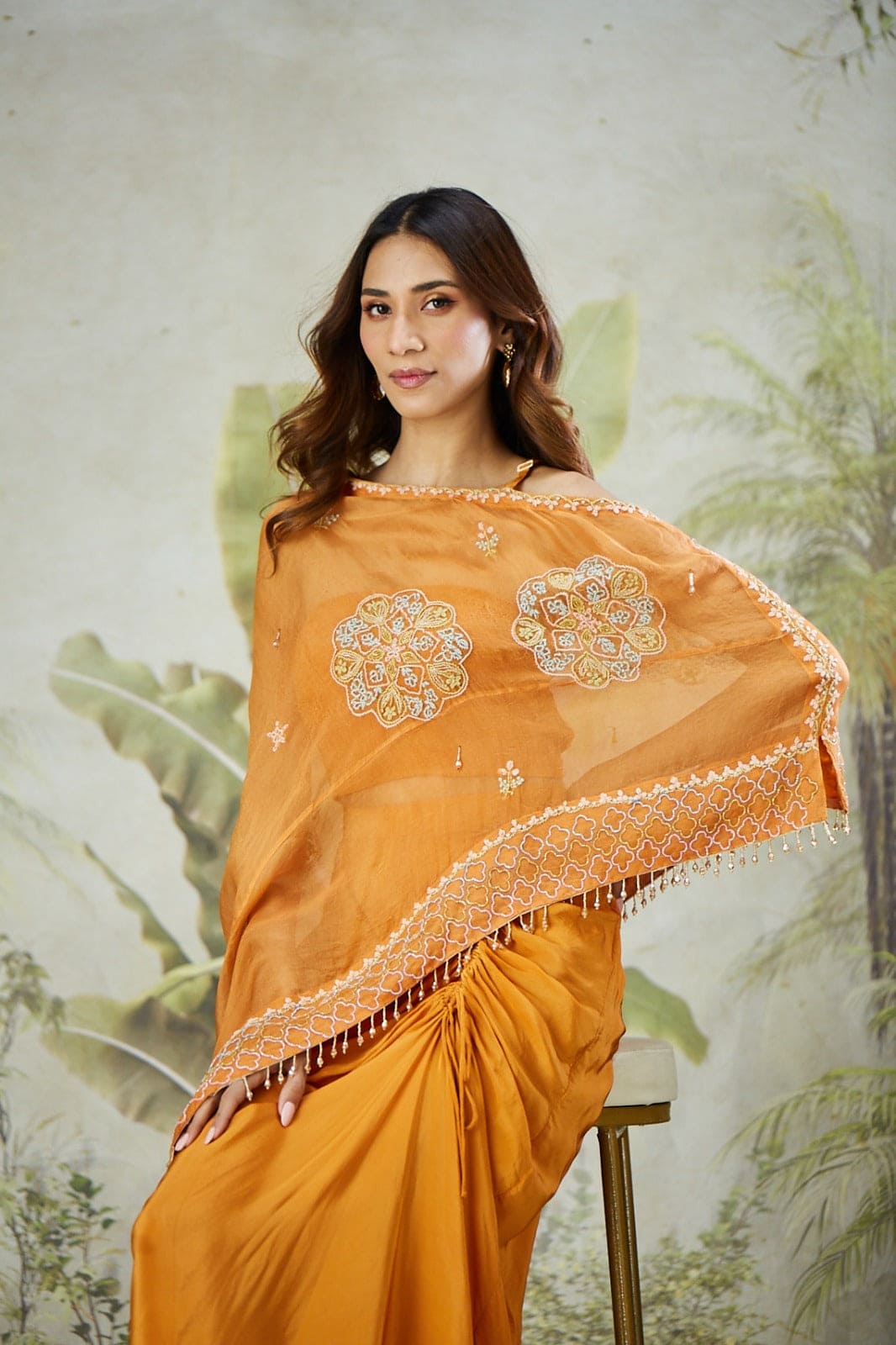 Organza Silk Cape with Drape Skirt - Orange - Charkha TalesOrganza Silk Cape with Drape Skirt - Orange