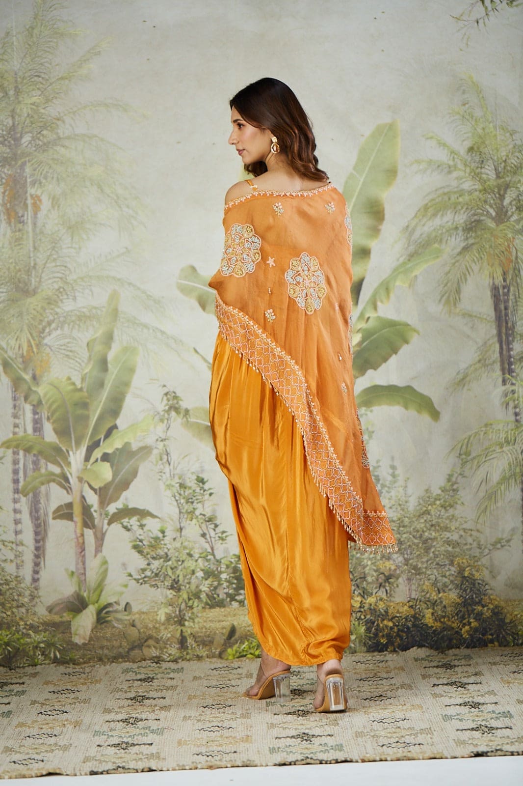 Organza Silk Cape with Drape Skirt - Orange - Charkha TalesOrganza Silk Cape with Drape Skirt - Orange