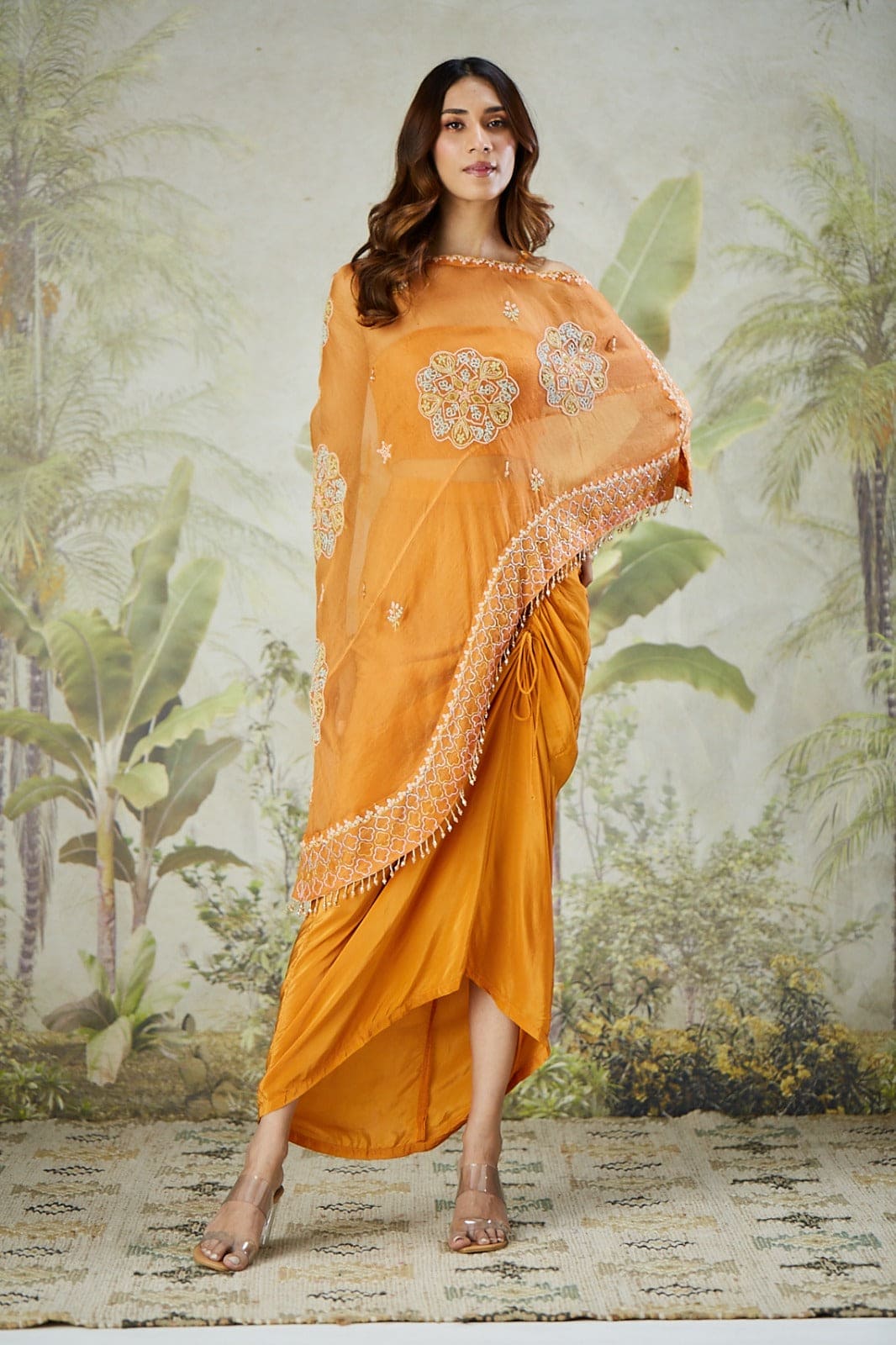 Organza Silk Cape with Drape Skirt - Orange - Charkha TalesOrganza Silk Cape with Drape Skirt - Orange