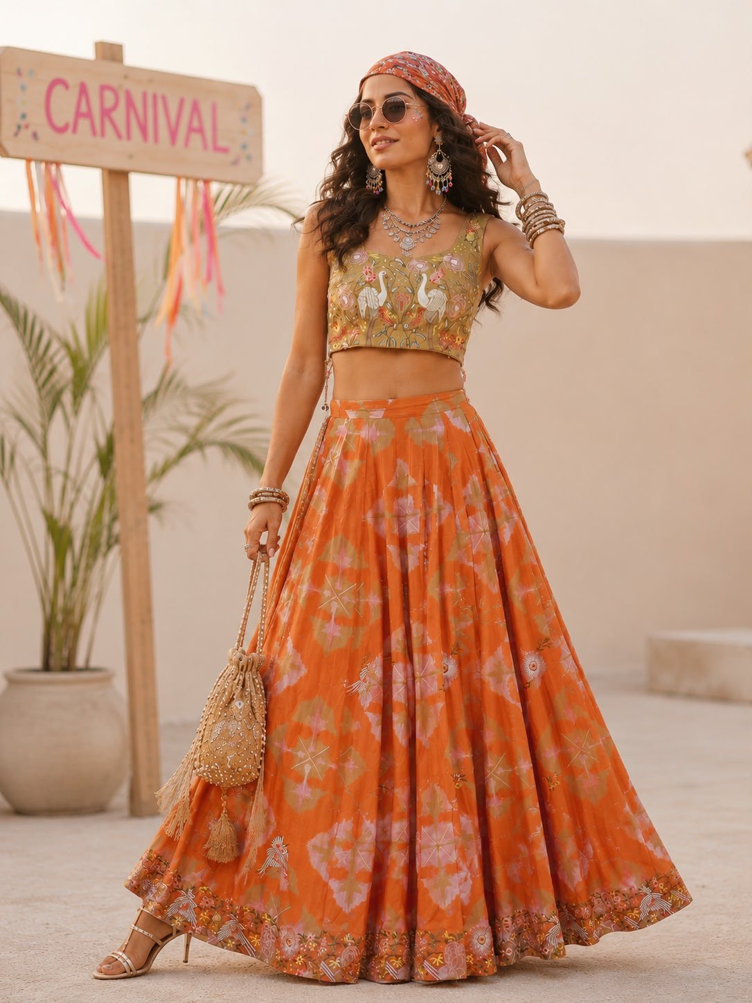 Parsi Embroidered Blouse With Skirt - Peach - Charkha TalesParsi Embroidered Blouse With Skirt - Peach