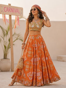 Parsi Embroidered Blouse With Skirt - Peach