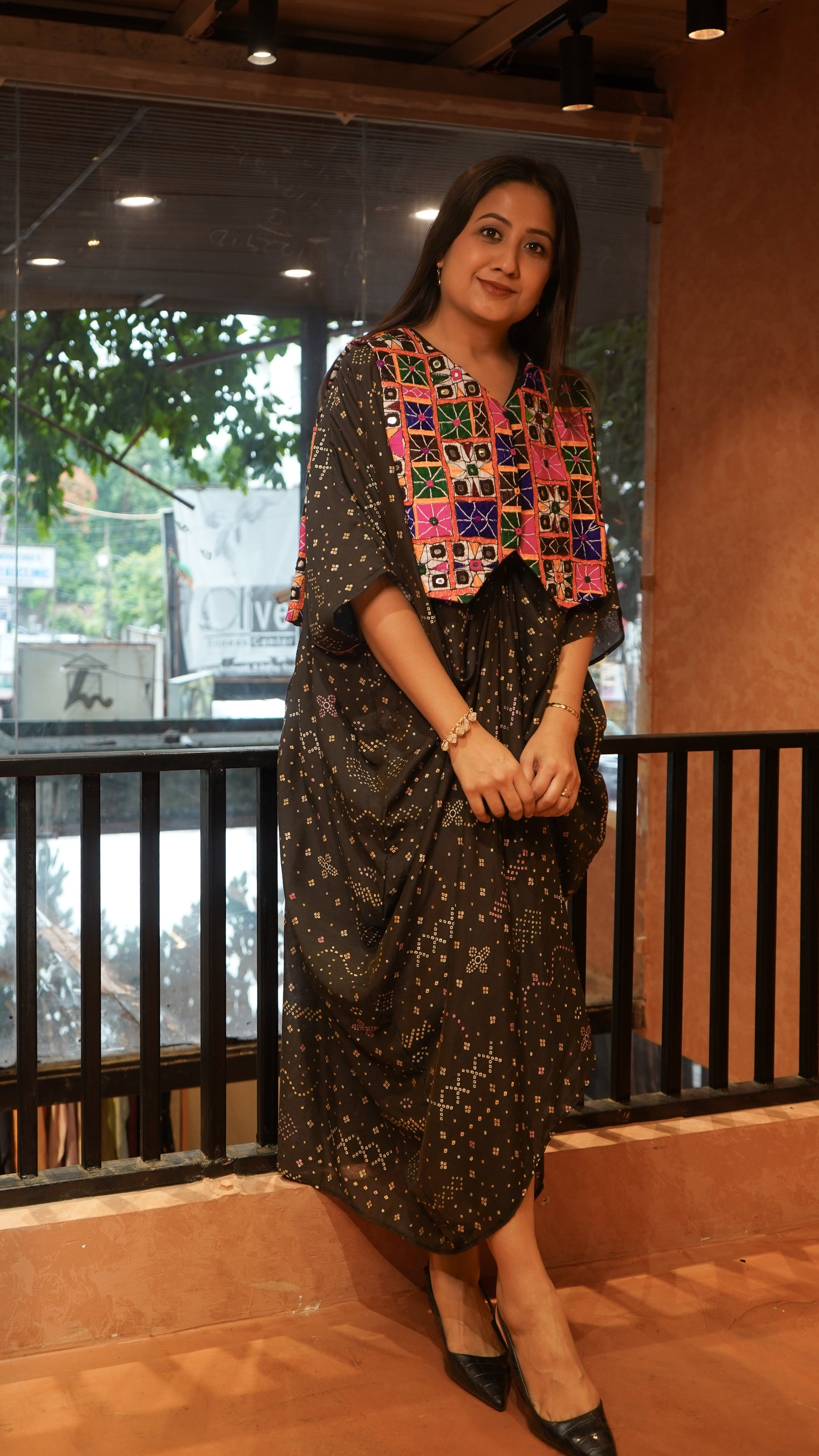 Parsi Work Bandhej Kaftaan - Black - Charkha TalesParsi Work Bandhej Kaftaan - Black