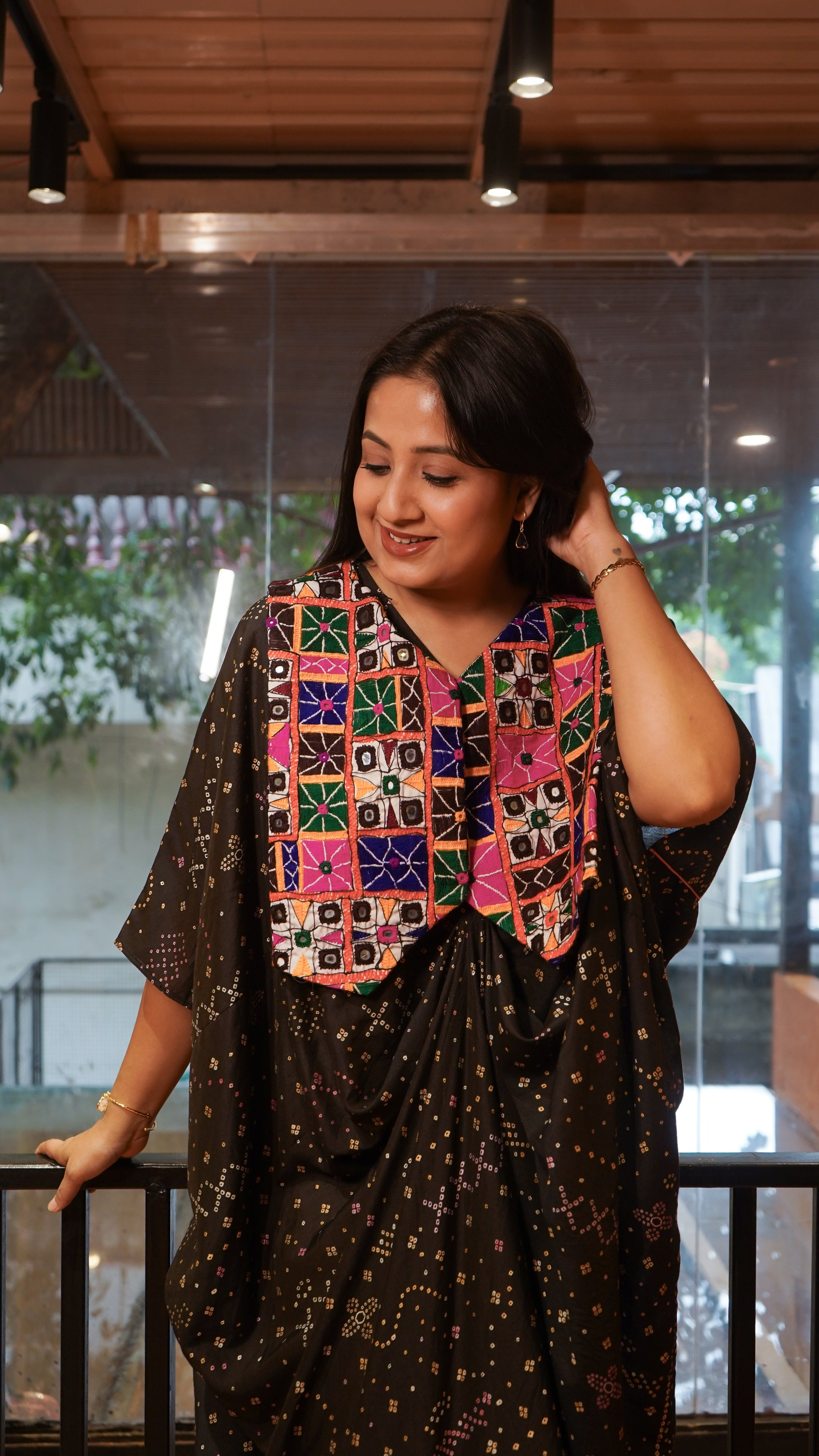 Parsi Work Bandhej Kaftaan - Black - Charkha TalesParsi Work Bandhej Kaftaan - Black