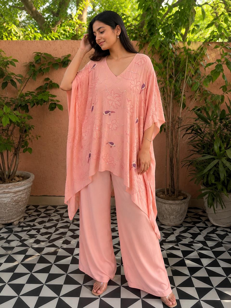 Patch &amp; Beads Work Co - Ord Set - Peach - Charkha TalesPatch &amp; Beads Work Co - Ord Set - Peach