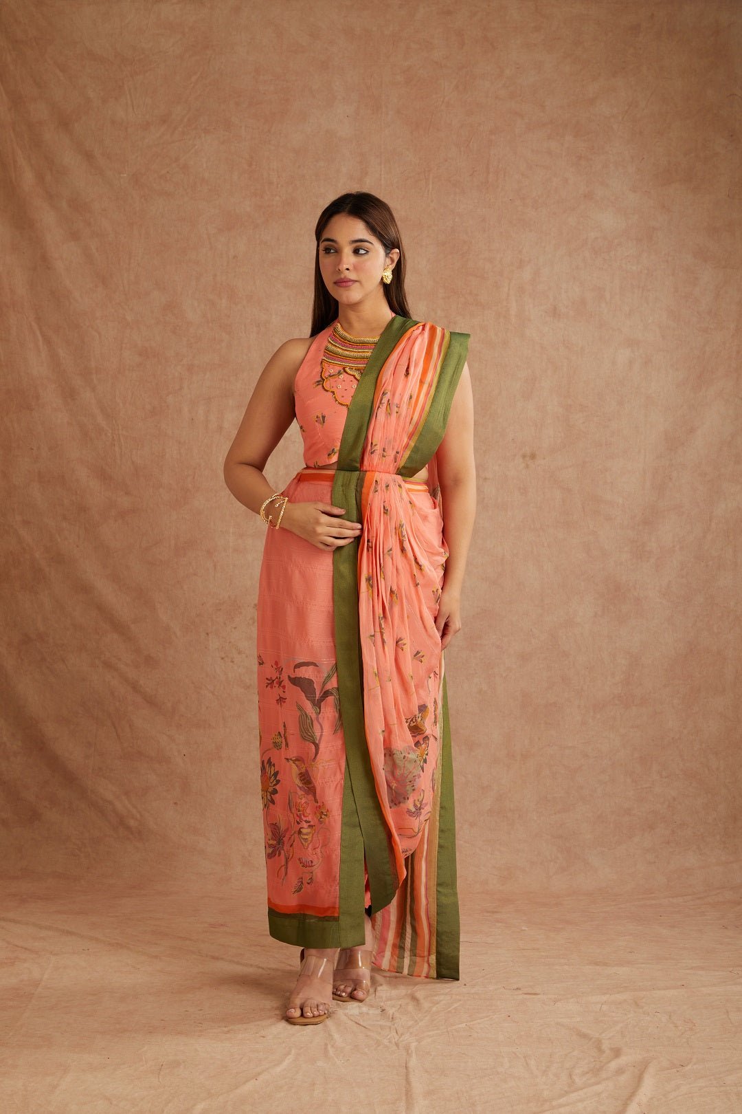 Peach Digital Print Pre - Stiched Saree With Blouse - Charkha TalesPeach Digital Print Pre - Stiched Saree With Blouse