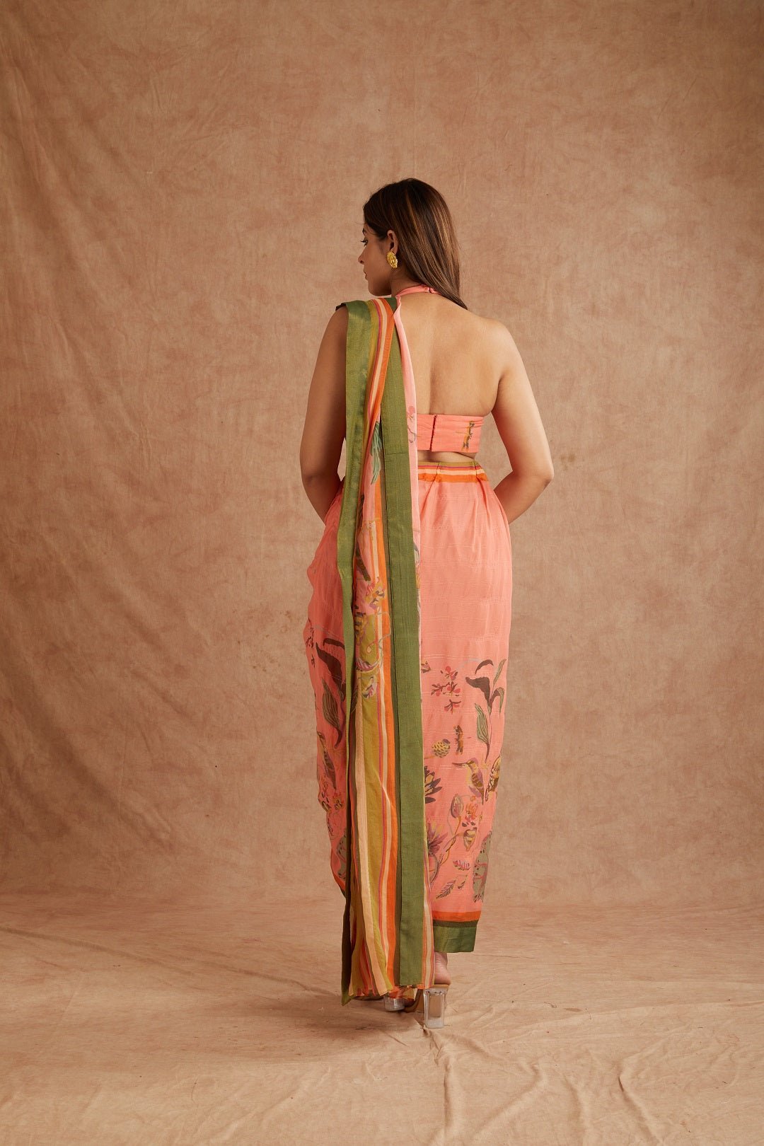Peach Digital Print Pre - Stiched Saree With Blouse - Charkha TalesPeach Digital Print Pre - Stiched Saree With Blouse