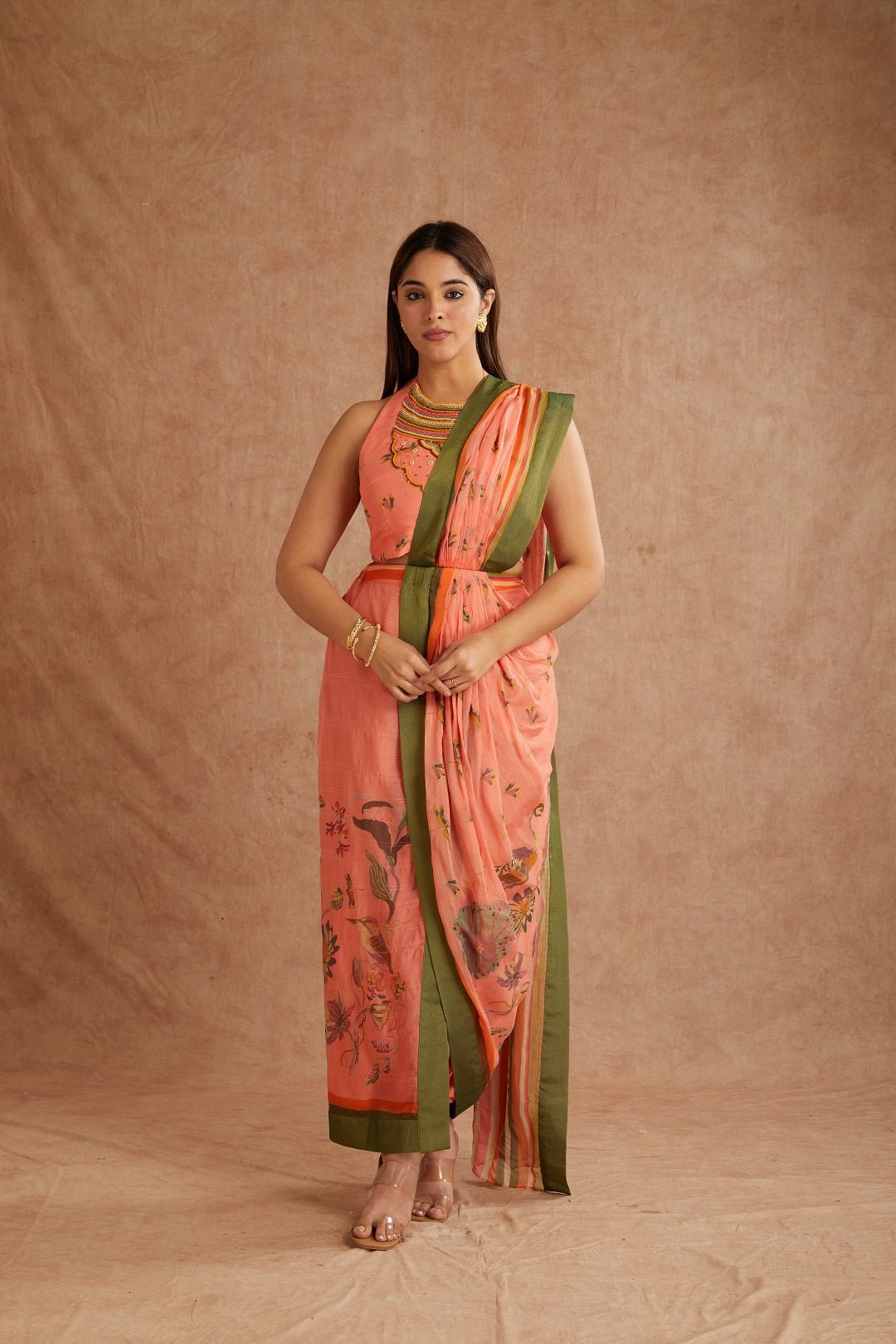 Peach Digital Print Pre - Stiched Saree With Blouse - Charkha TalesPeach Digital Print Pre - Stiched Saree With Blouse
