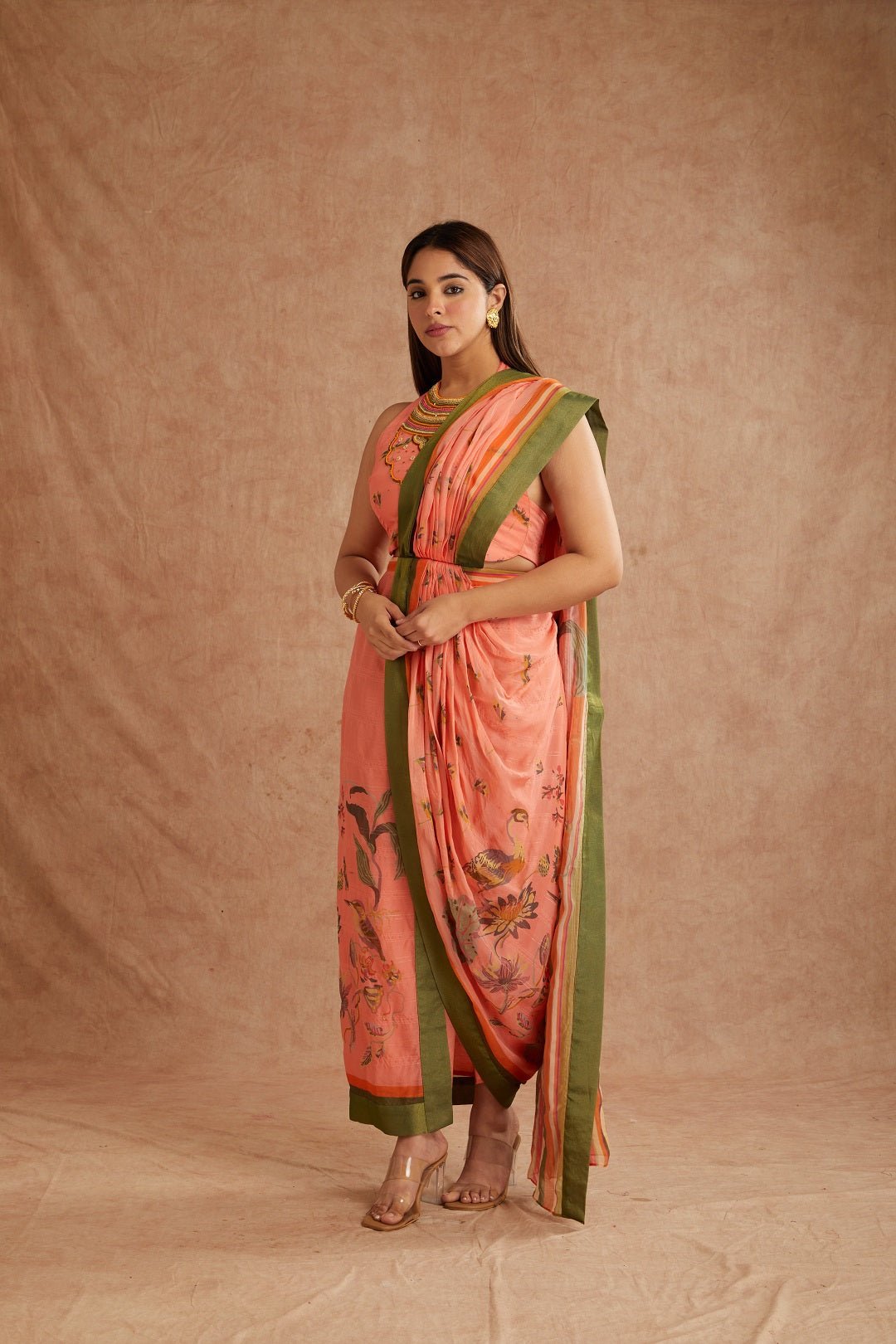 Peach Digital Print Pre - Stiched Saree With Blouse - Charkha TalesPeach Digital Print Pre - Stiched Saree With Blouse