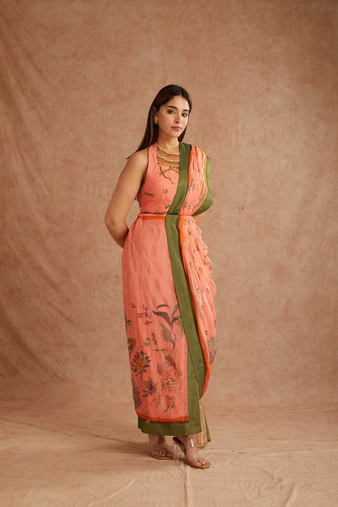 Peach Digital Print Pre - Stiched Saree With Blouse - Charkha TalesPeach Digital Print Pre - Stiched Saree With Blouse