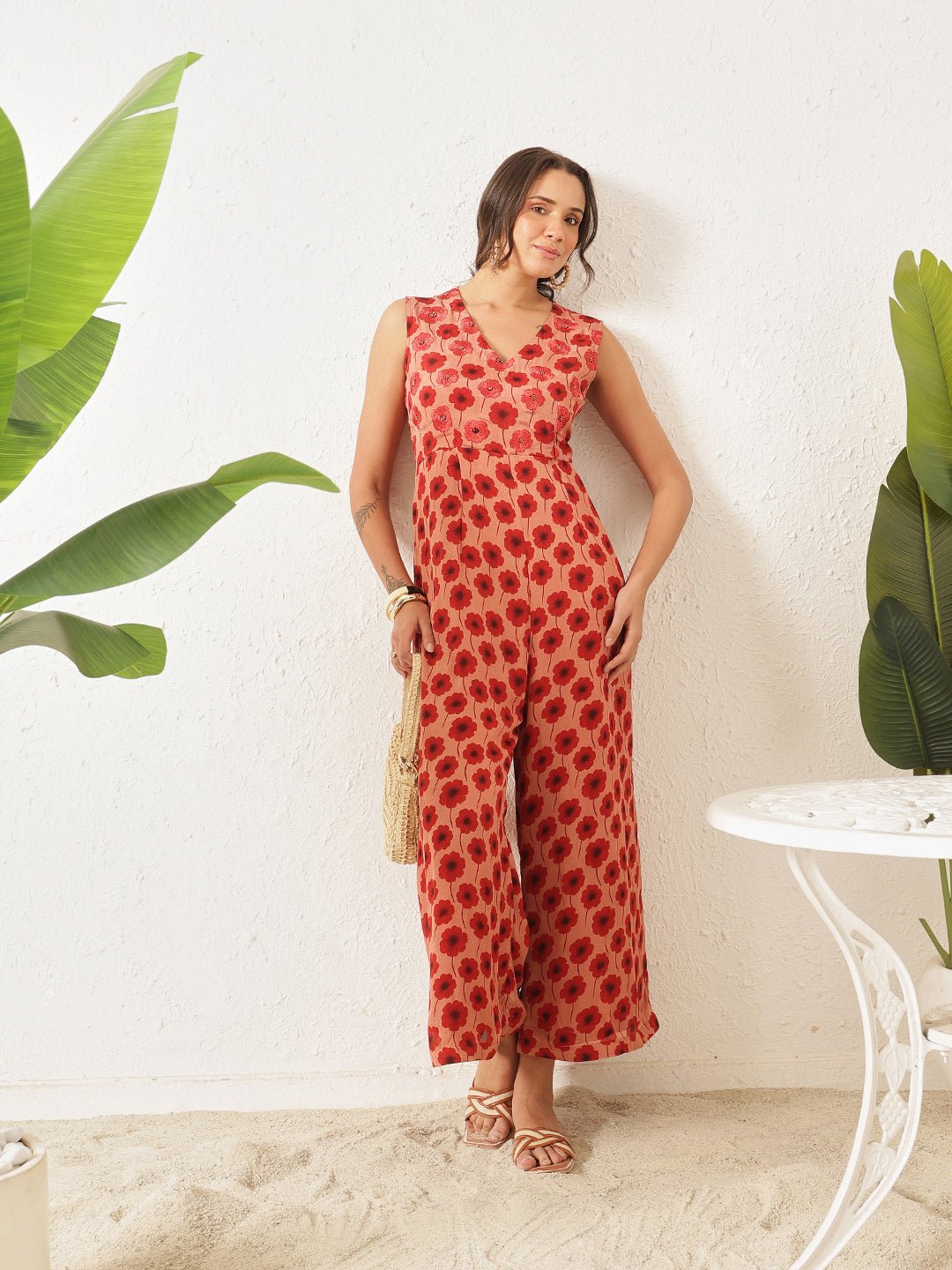 Peach Flower Printed Jumpsuit - Charkha TalesPeach Flower Printed Jumpsuit
