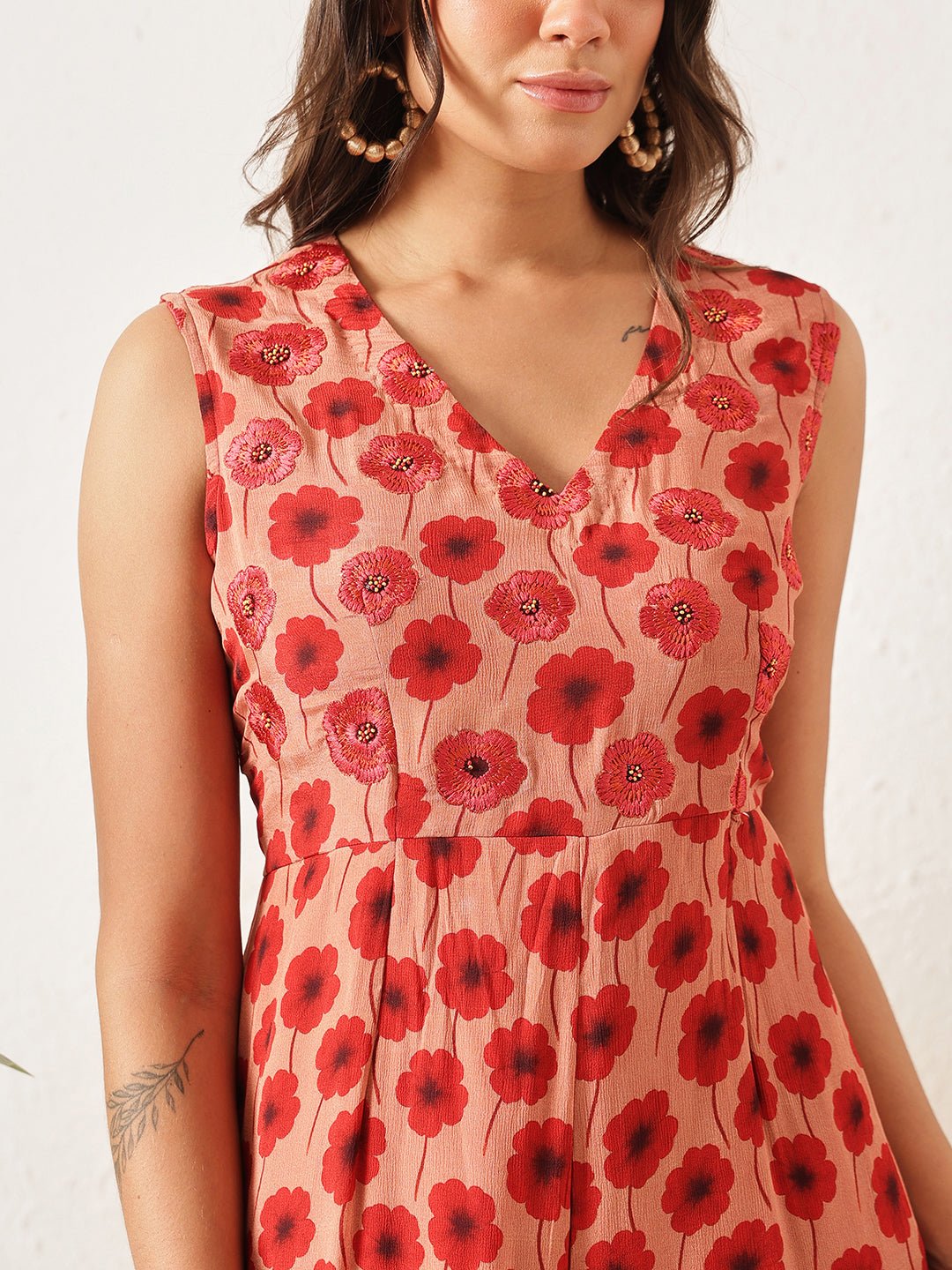Peach Flower Printed Jumpsuit - Charkha TalesPeach Flower Printed Jumpsuit