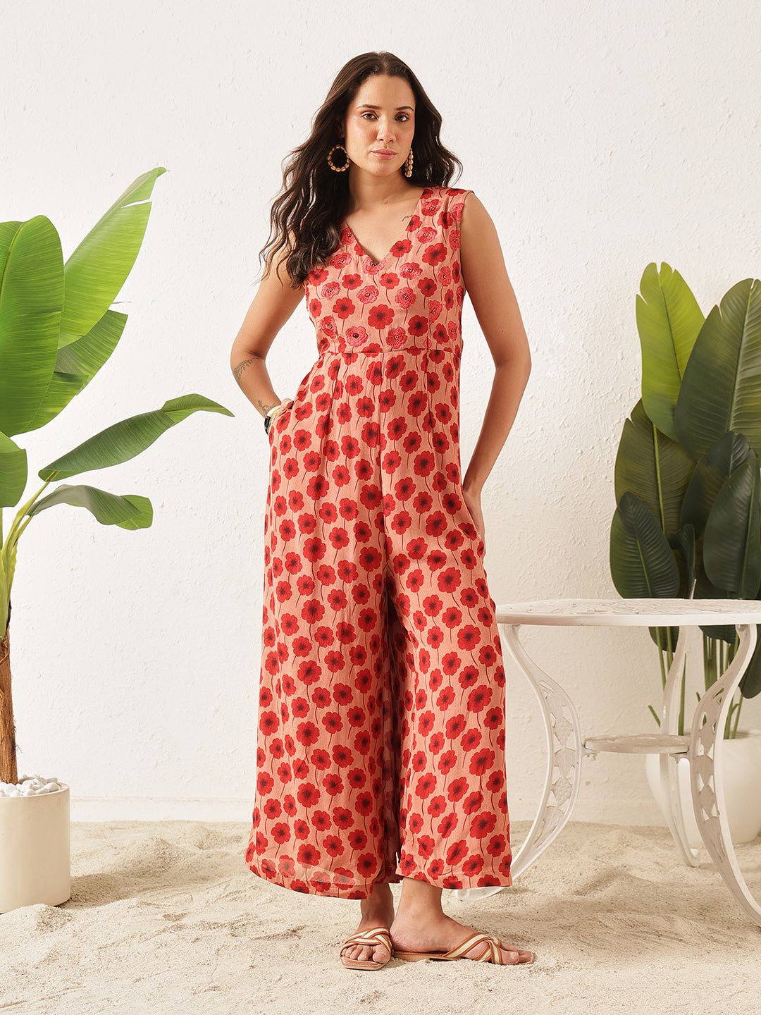 Peach Flower Printed Jumpsuit - Charkha TalesPeach Flower Printed Jumpsuit
