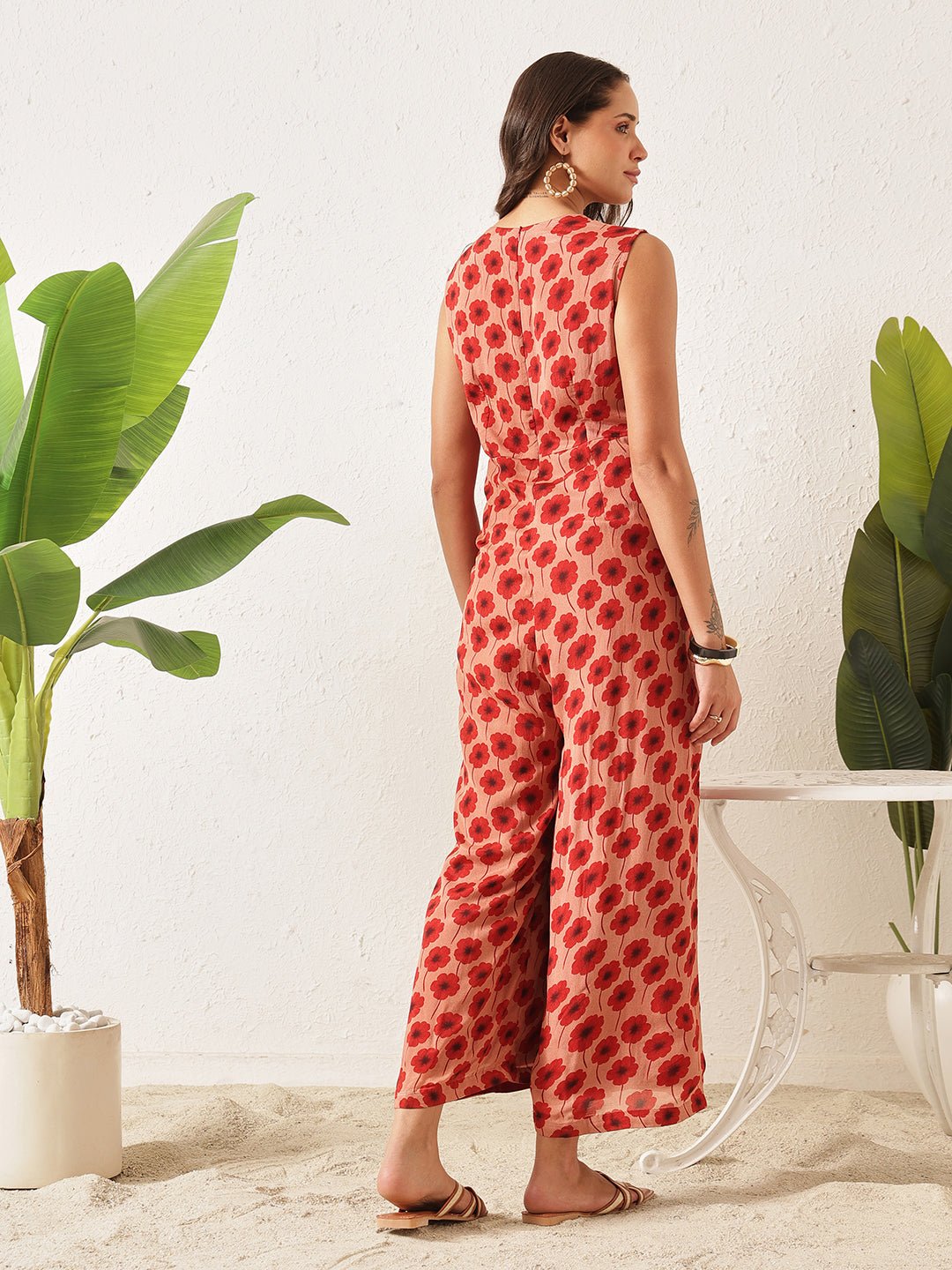Peach Flower Printed Jumpsuit - Charkha TalesPeach Flower Printed Jumpsuit