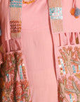Peach Gond Artwork Dress With Long Shrug - Charkha TalesPeach Gond Artwork Dress With Long Shrug
